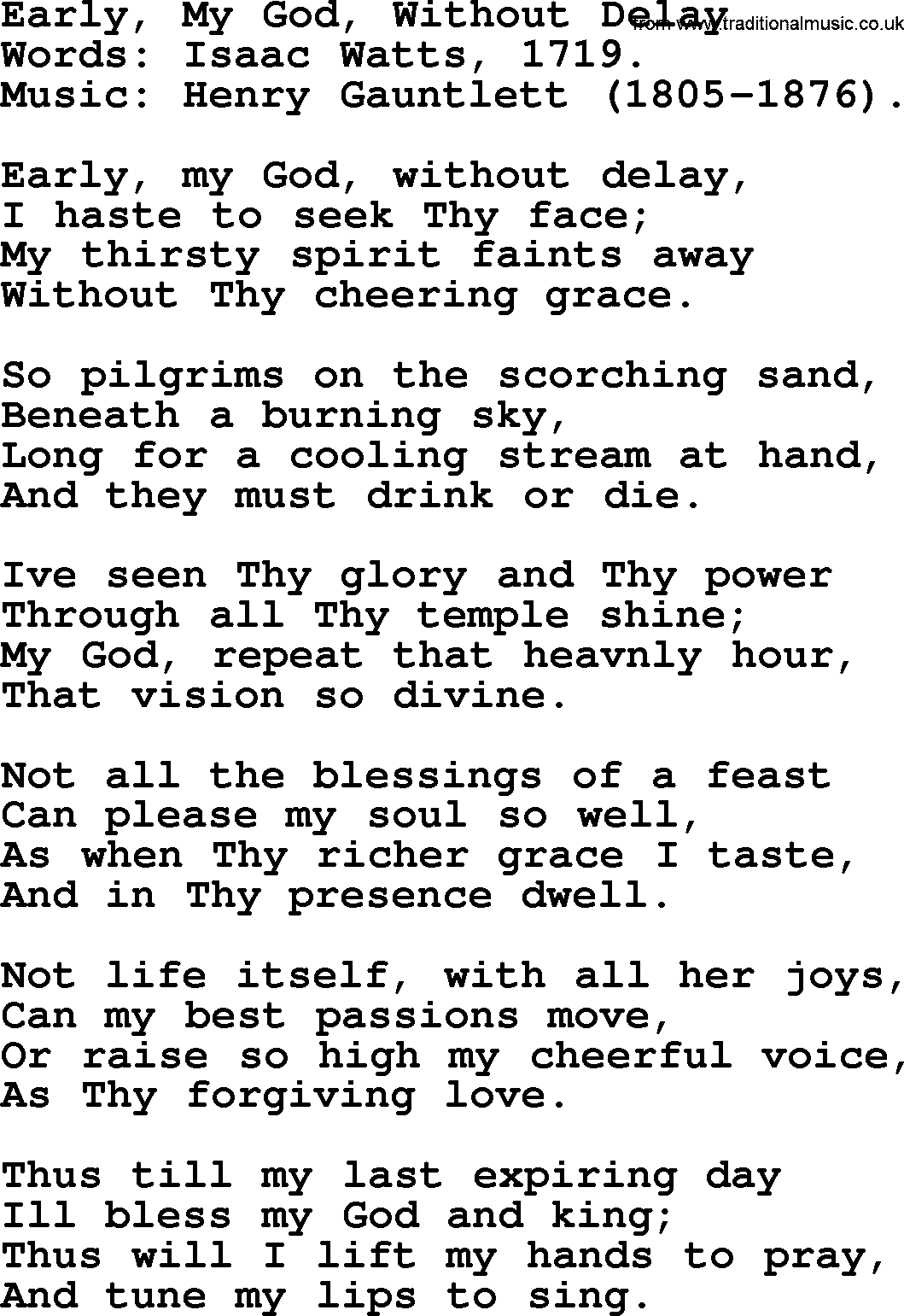 Isaac Watts Christian hymn: Early, My God, Without Delay- lyricss