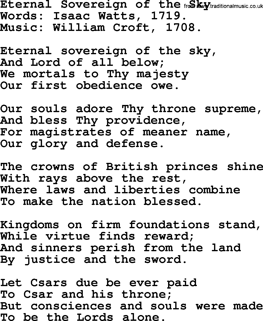 Isaac Watts Christian hymn: Eternal Sovereign of the Sky- lyricss