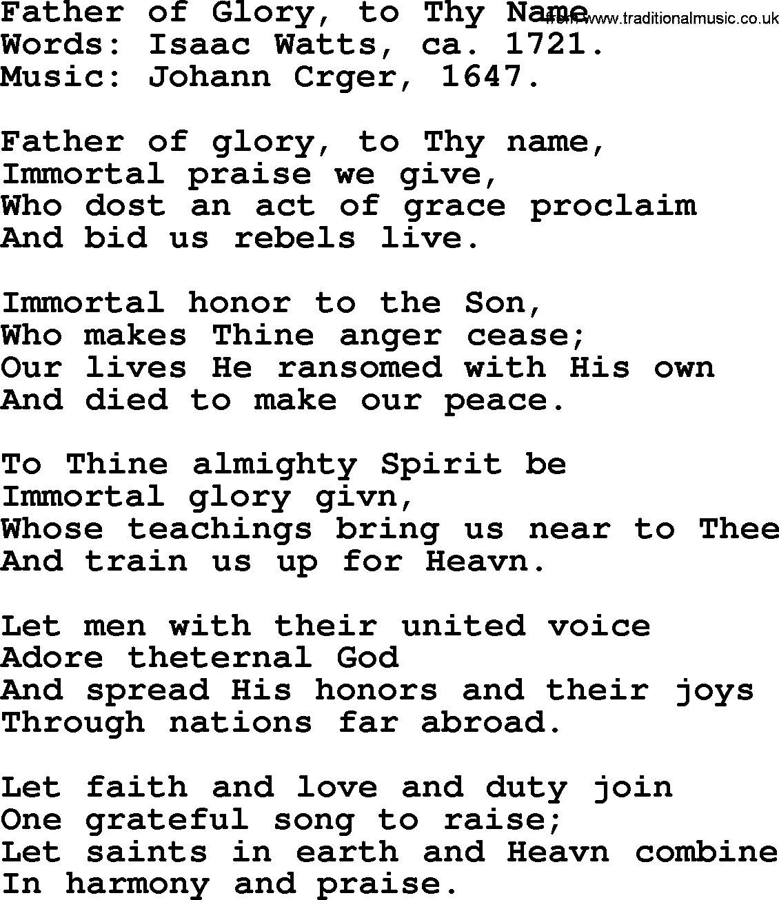 Isaac Watts Christian hymn: Father of Glory, to Thy Name- lyricss