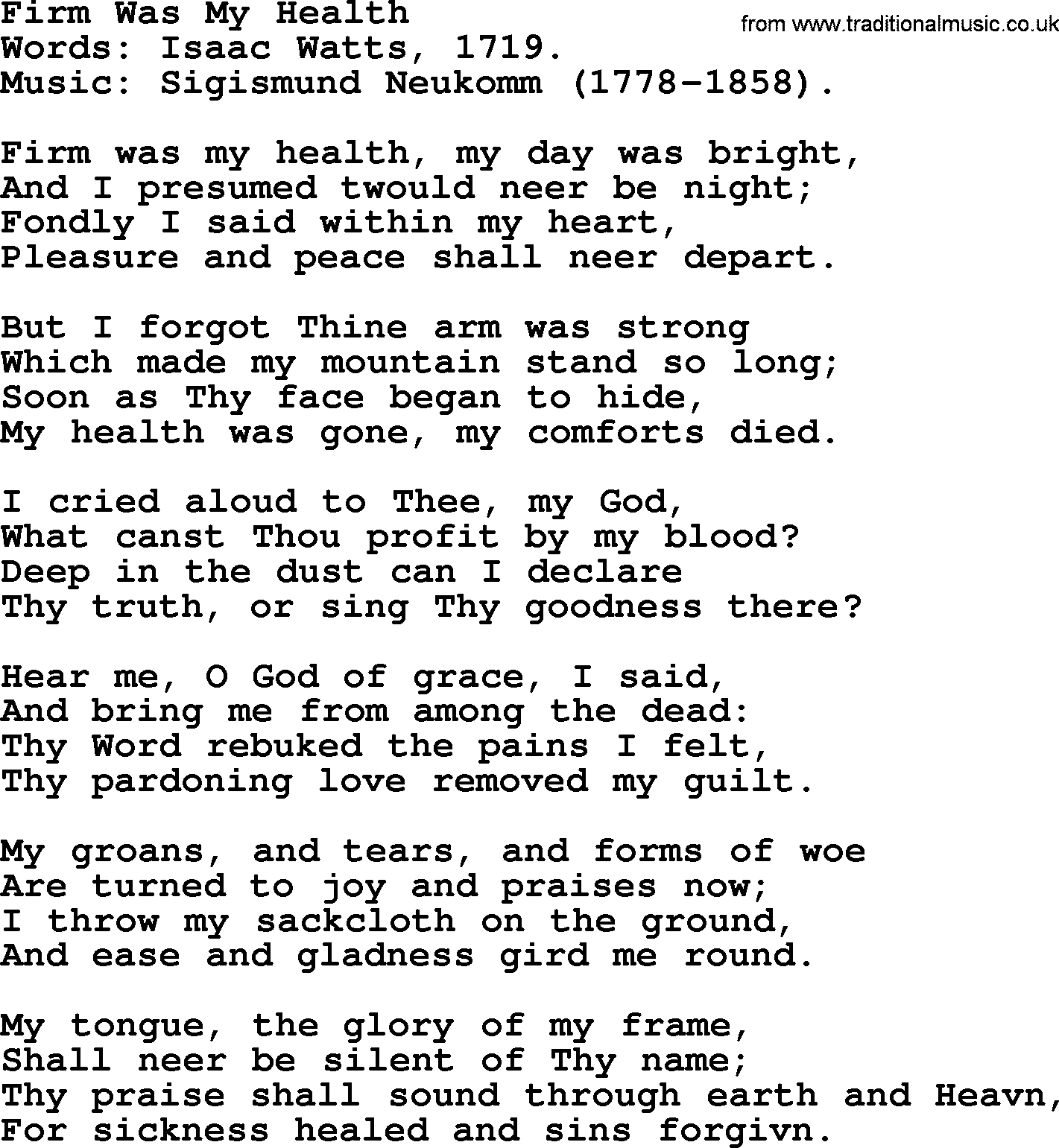 Isaac Watts Christian hymn: Firm Was My Health- lyricss