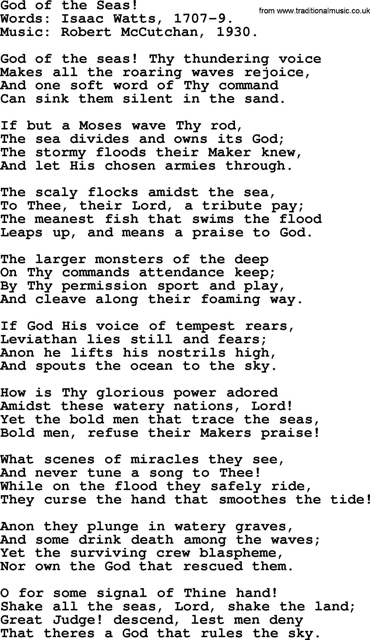 God of the Seas!, by Isaac Watts - Christian lyrics