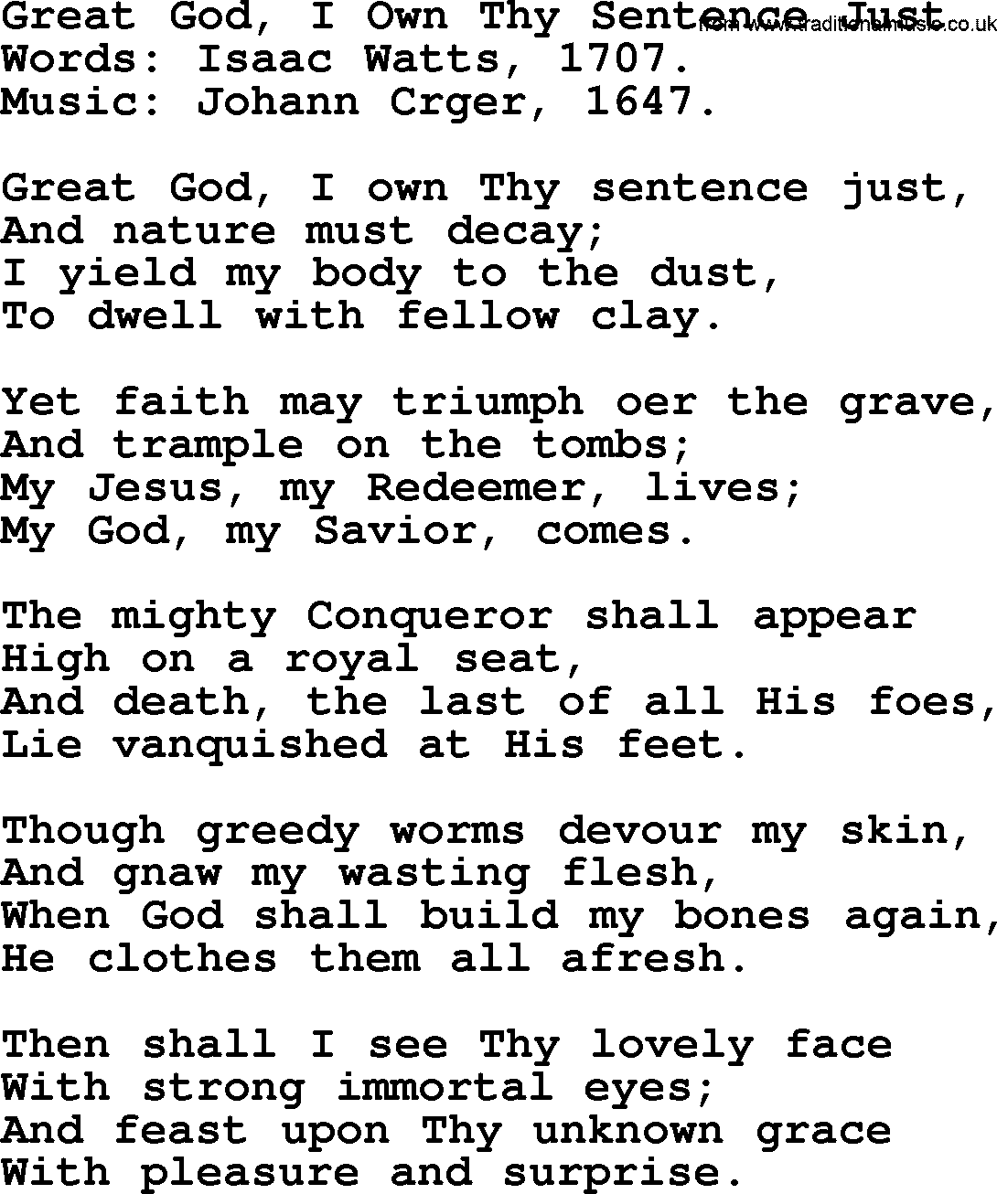 Isaac Watts Christian hymn: Great God, I Own Thy Sentence Just- lyricss