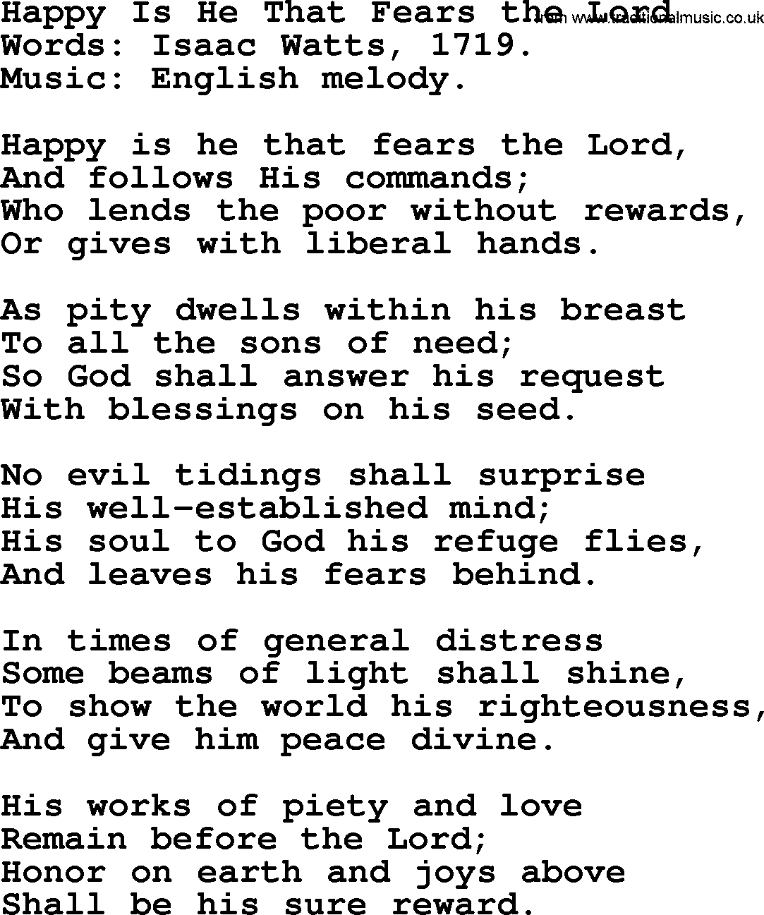 Isaac Watts Christian hymn: Happy Is He That Fears the Lord- lyricss