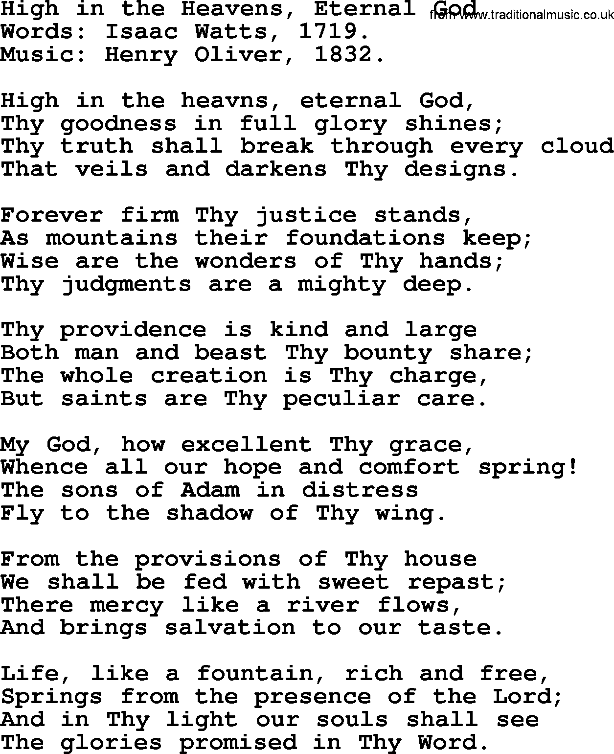 Isaac Watts Christian hymn: High in the Heavens, Eternal God- lyricss