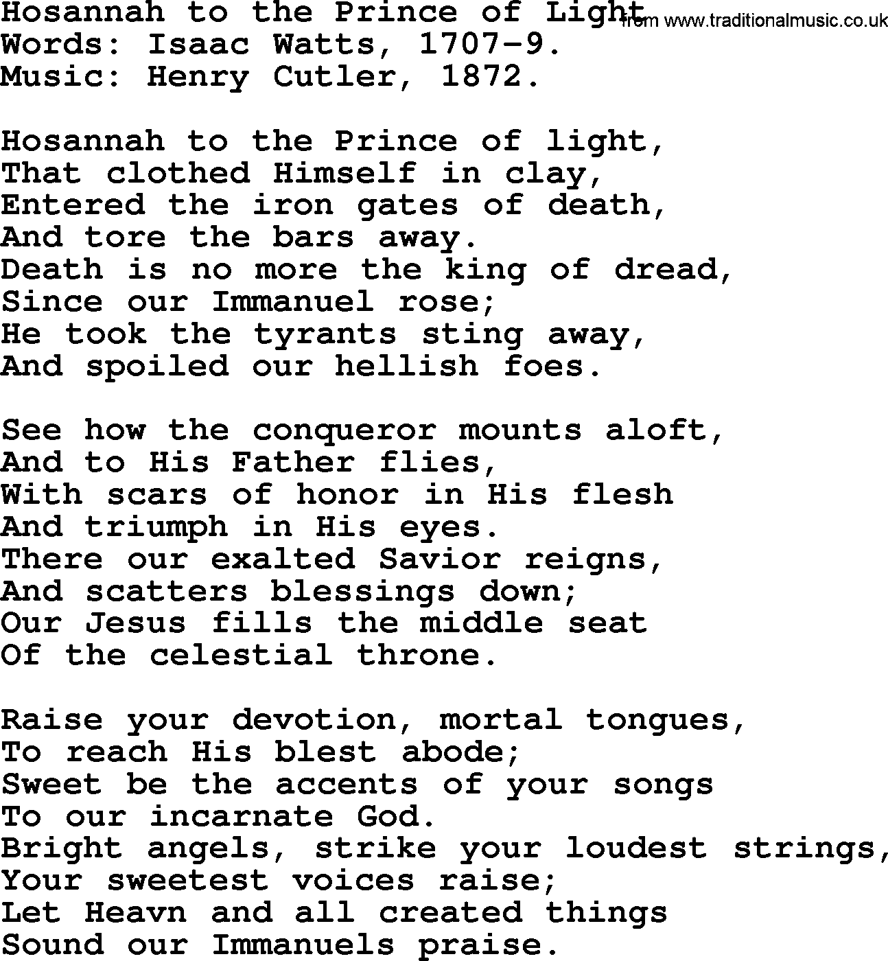Isaac Watts Christian hymn: Hosannah to the Prince of Light- lyricss