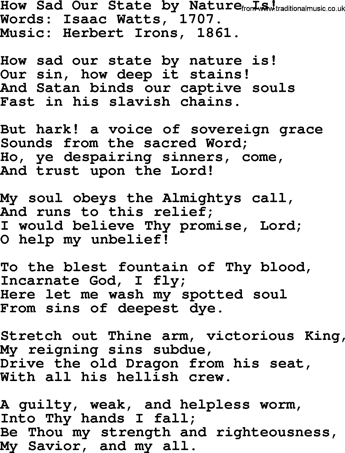 Isaac Watts Christian hymn: How Sad Our State by Nature Is!- lyricss