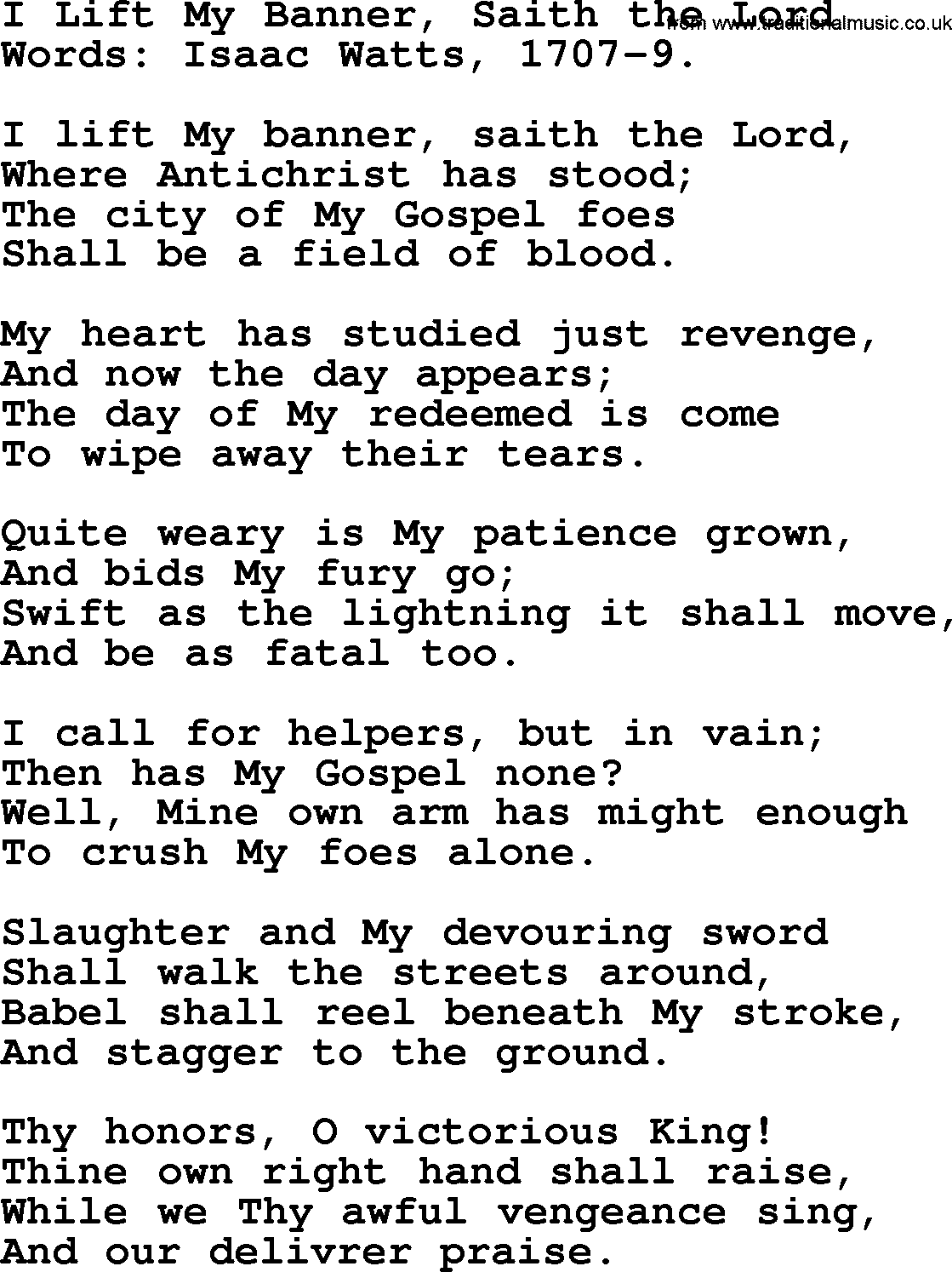 Isaac Watts Christian hymn: I Lift My Banner, Saith the Lord- lyricss
