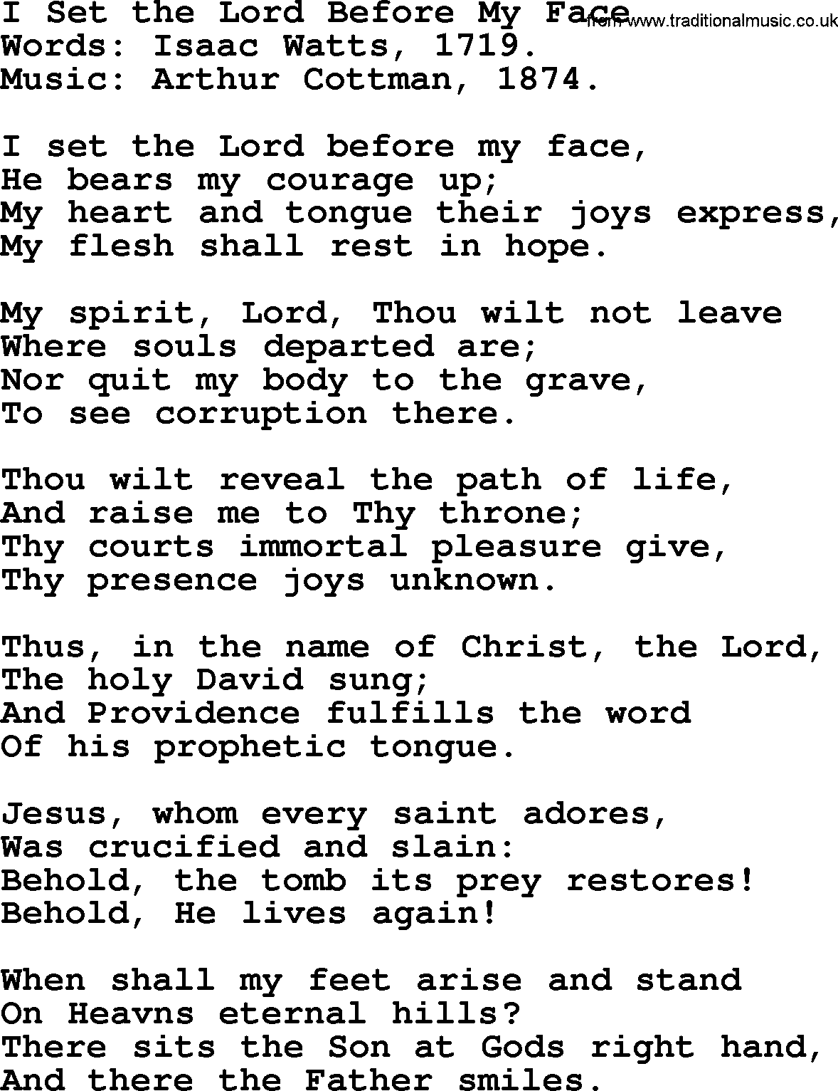 Isaac Watts Christian hymn: I Set the Lord Before My Face- lyricss
