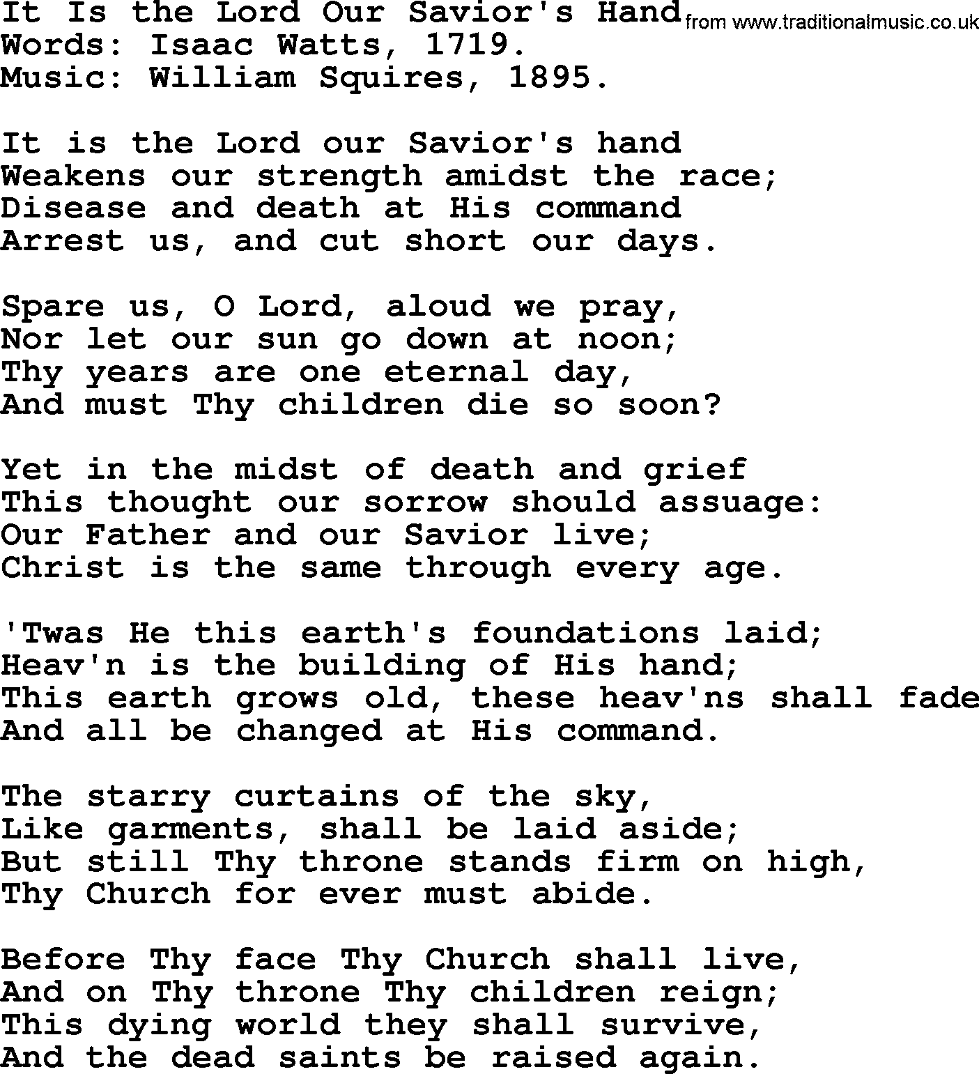Isaac Watts Christian hymn: It Is the Lord Our Savior's Hand- lyricss