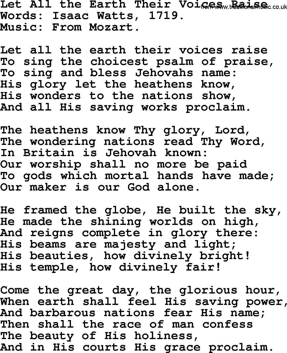 Isaac Watts Christian hymn: Let All the Earth Their Voices Raise- lyricss
