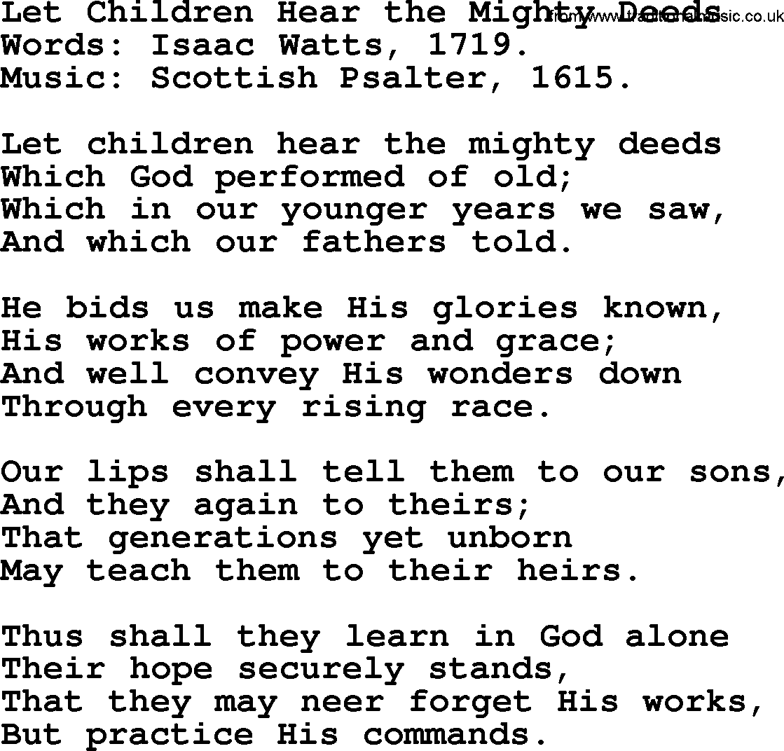 Isaac Watts Christian hymn: Let Children Hear the Mighty Deeds- lyricss