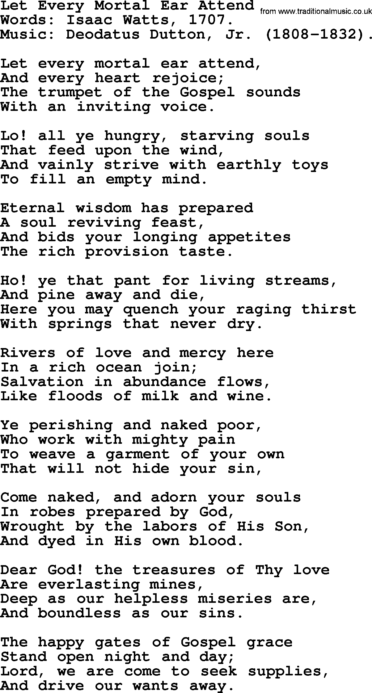 Isaac Watts Christian hymn: Let Every Mortal Ear Attend- lyricss