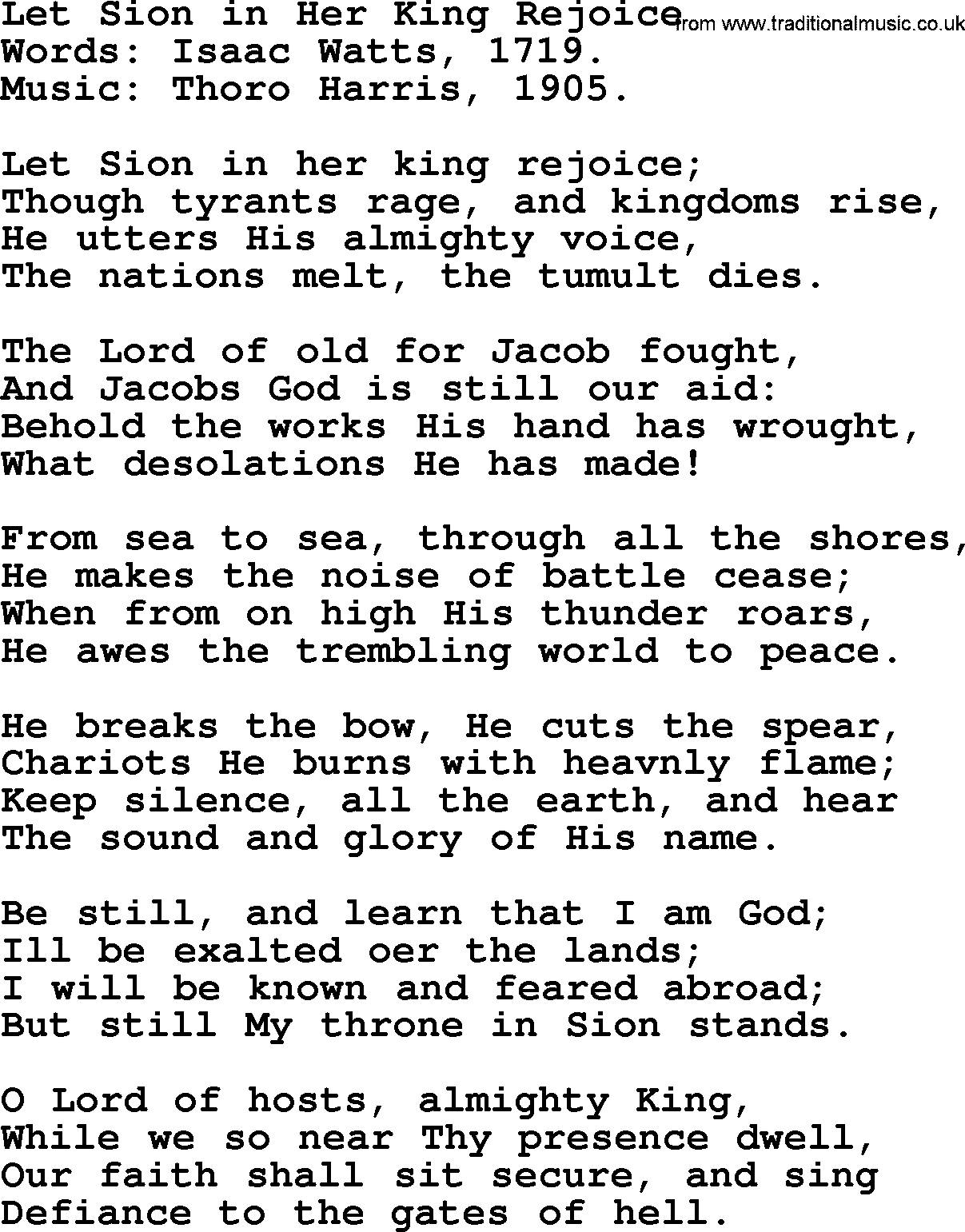 Isaac Watts Christian hymn: Let Sion in Her King Rejoice- lyricss