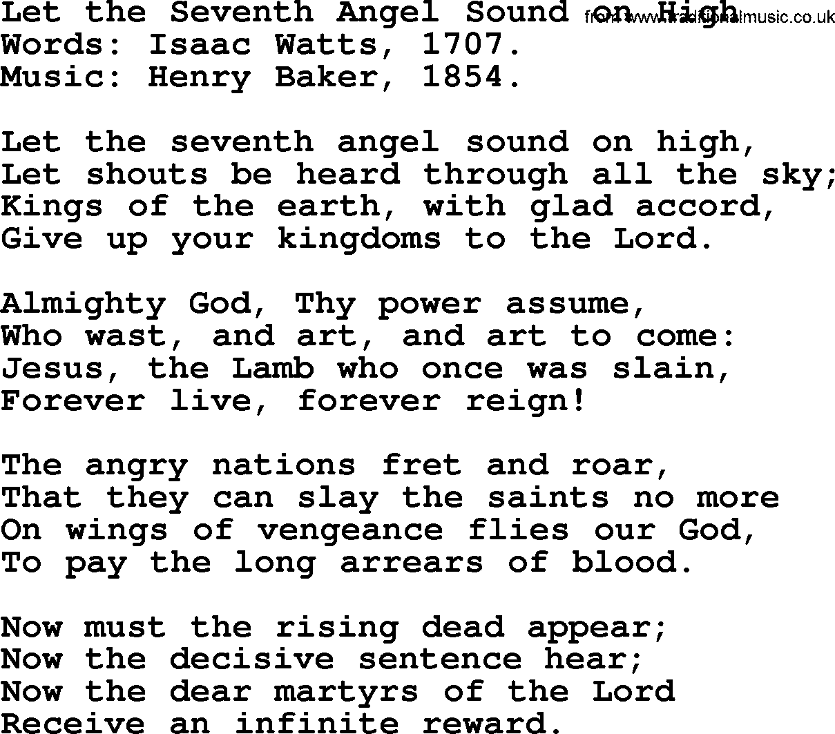 Isaac Watts Christian hymn: Let the Seventh Angel Sound on High- lyricss