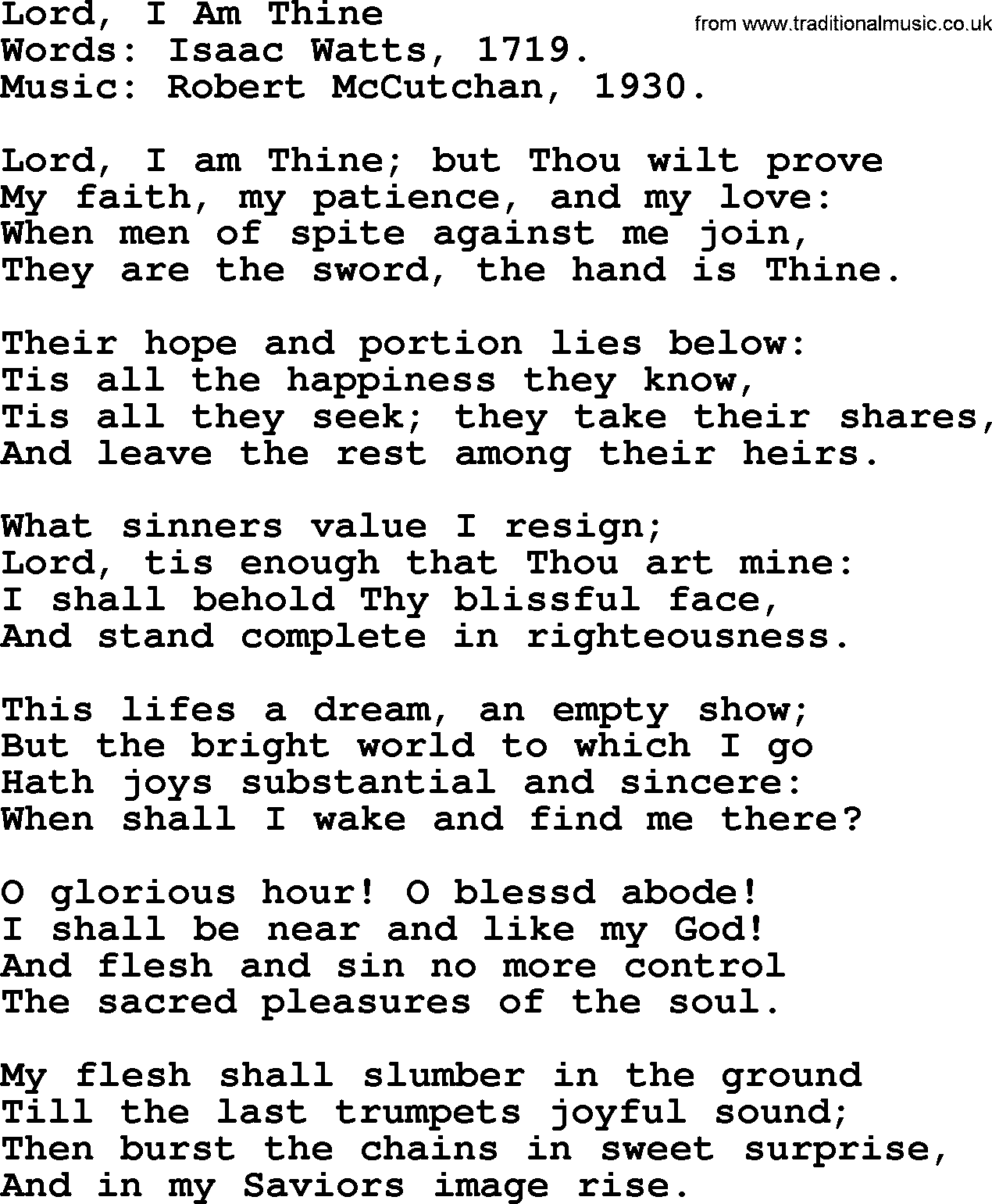 Isaac Watts Christian hymn: Lord, I Am Thine- lyricss