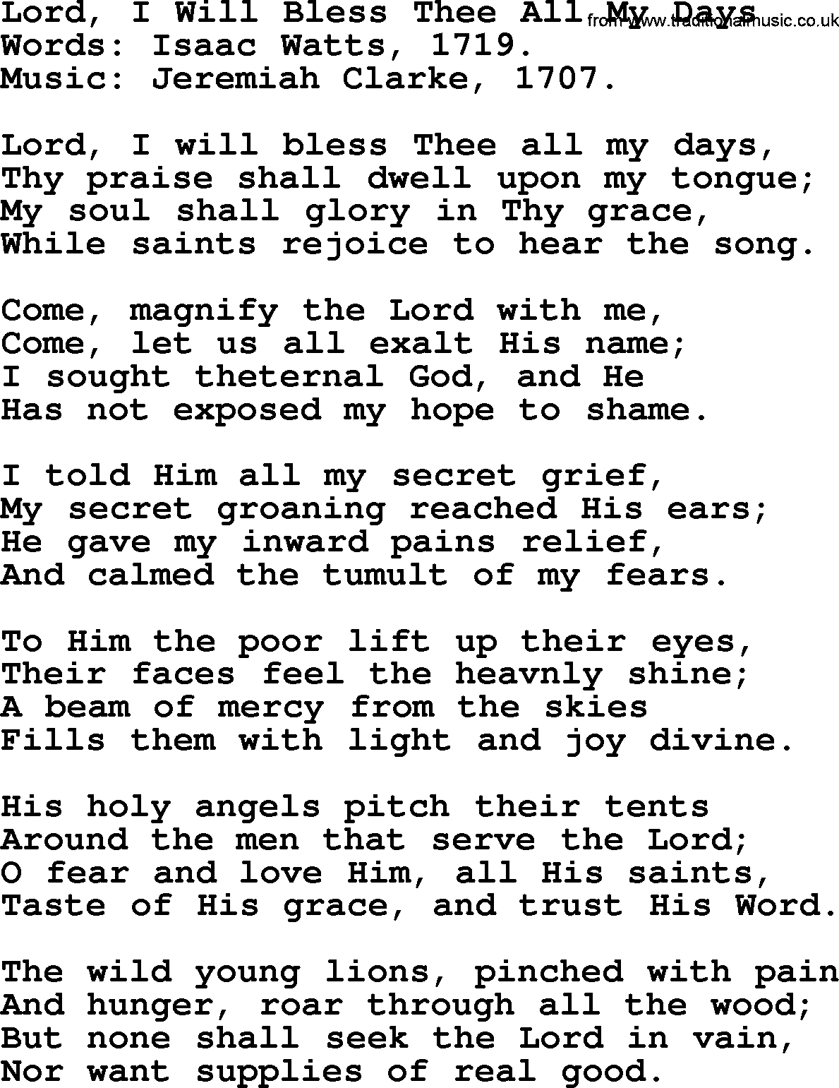 Isaac Watts Christian hymn: Lord, I Will Bless Thee All My Days- lyricss