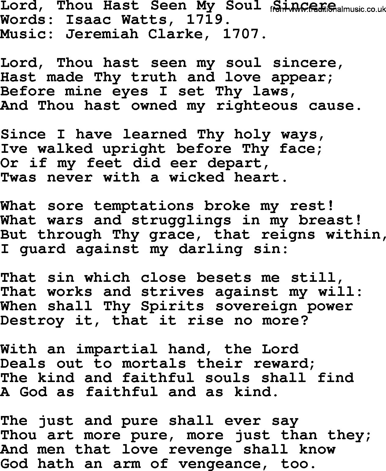 Isaac Watts Christian hymn: Lord, Thou Hast Seen My Soul Sincere- lyricss