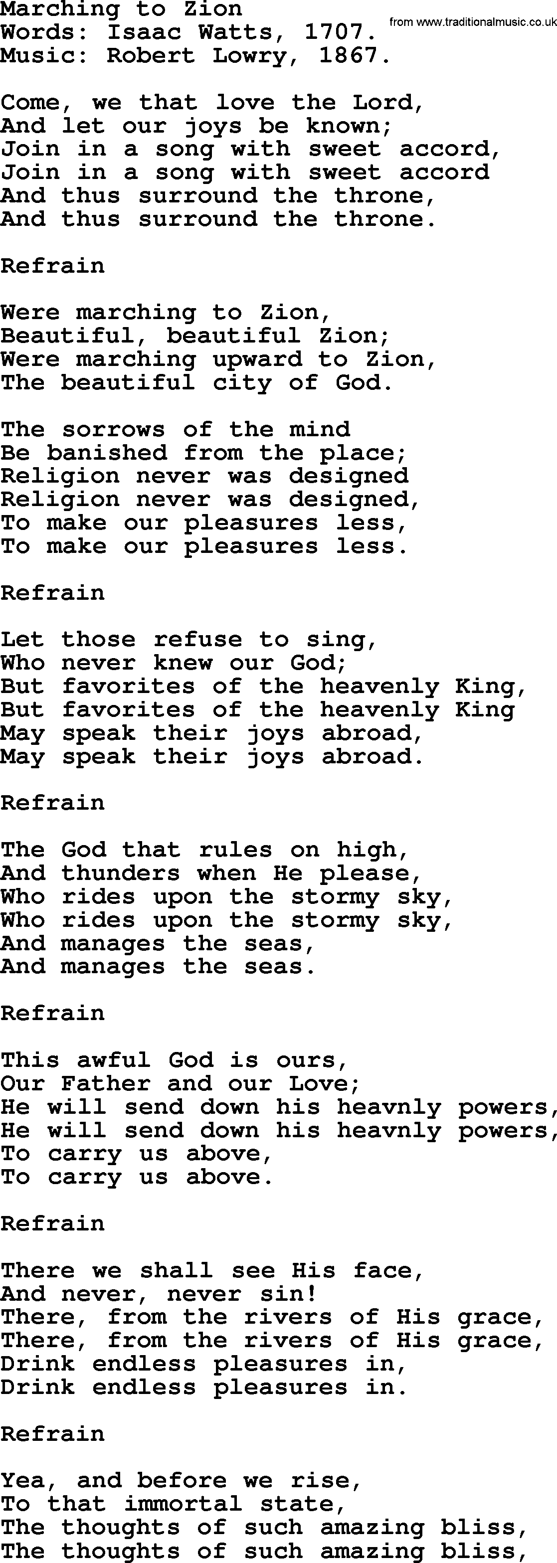 Isaac Watts Christian hymn: Marching to Zion- lyricss
