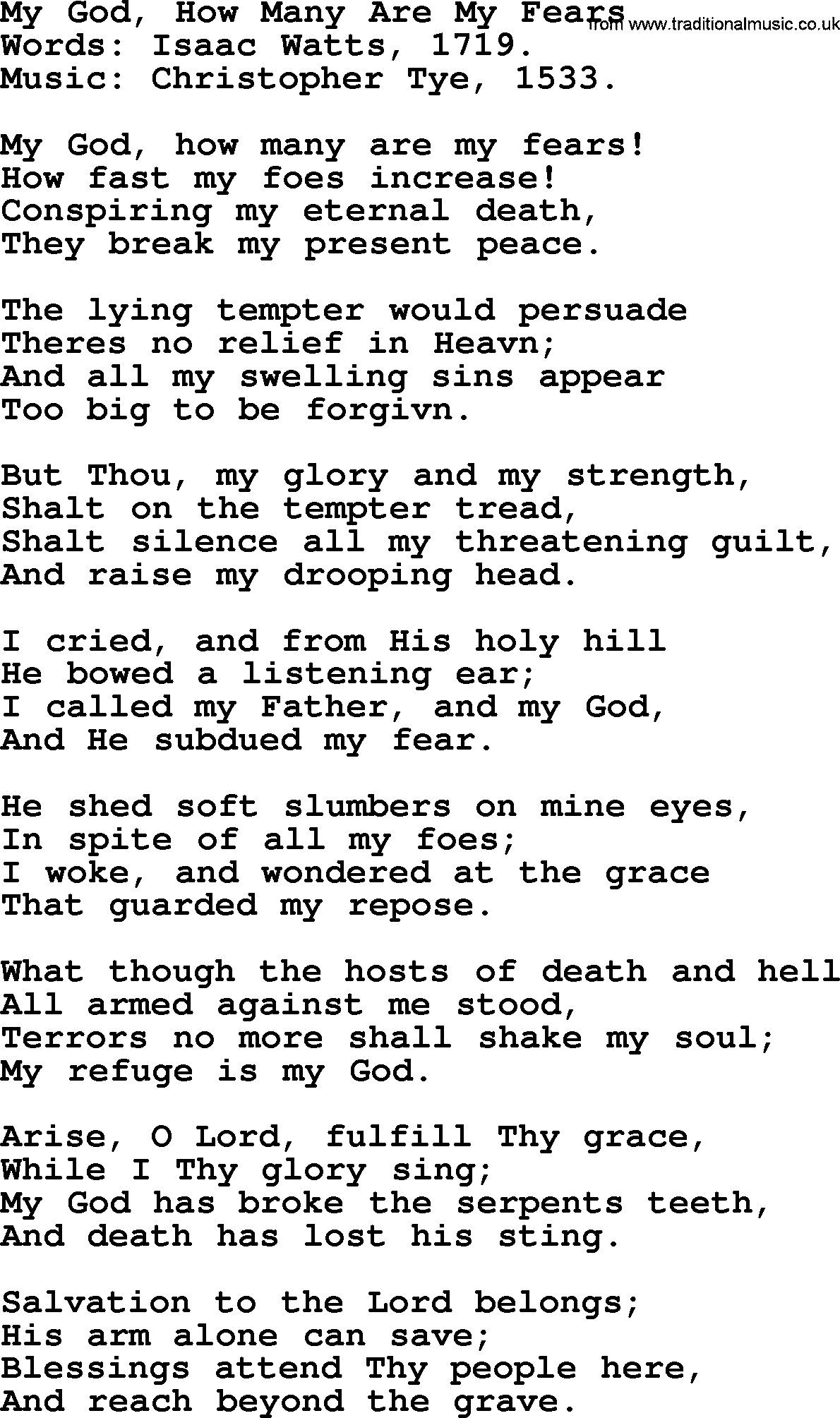 Isaac Watts Christian hymn: My God, How Many Are My Fears- lyricss