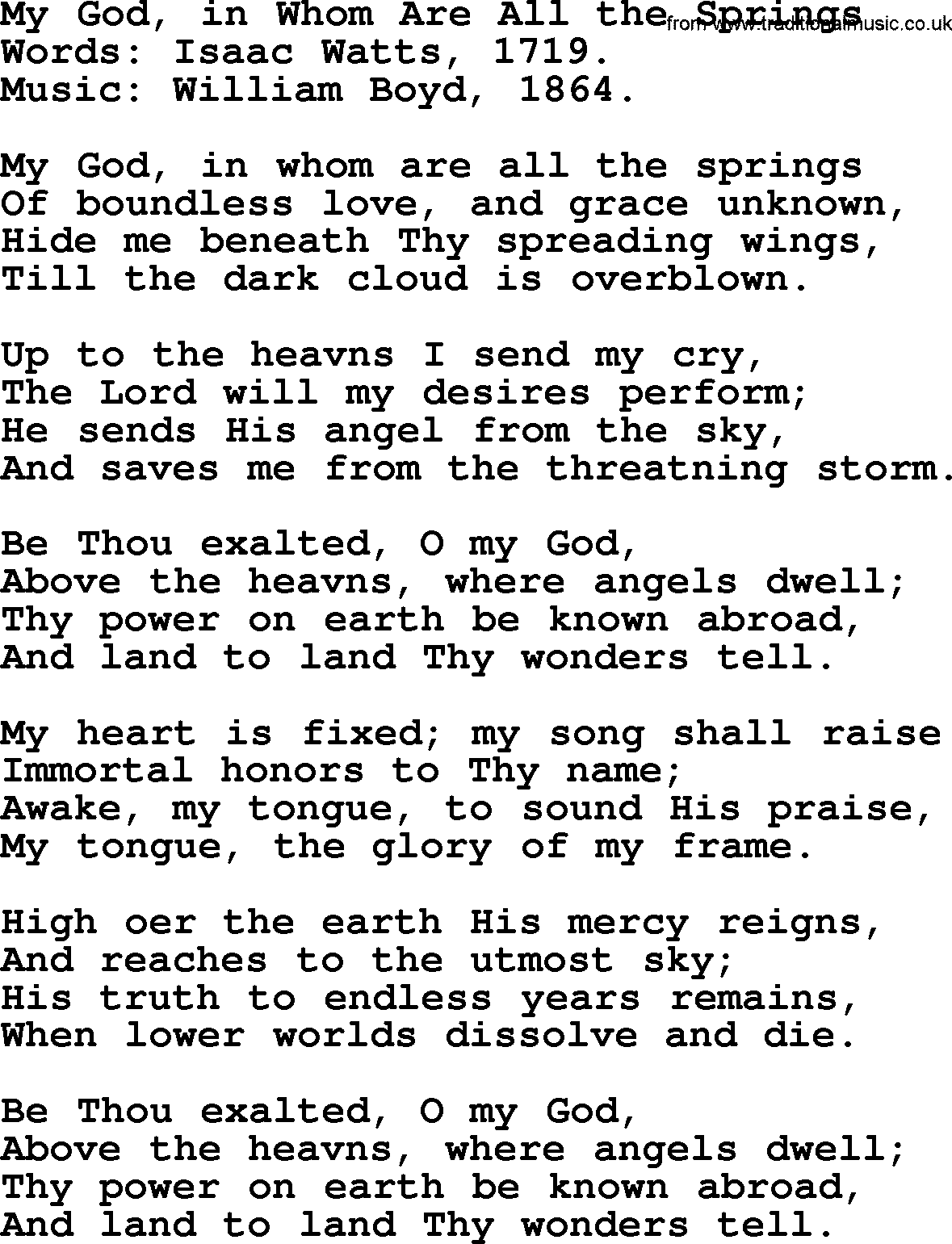 Isaac Watts Christian hymn: My God, in Whom Are All the Springs- lyricss