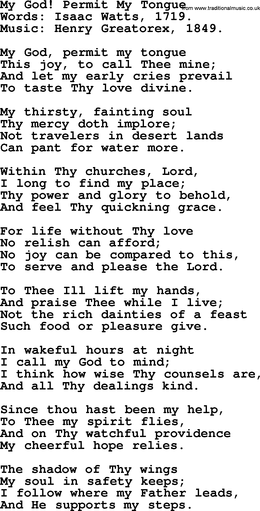 Isaac Watts Christian hymn: My God! Permit My Tongue- lyricss