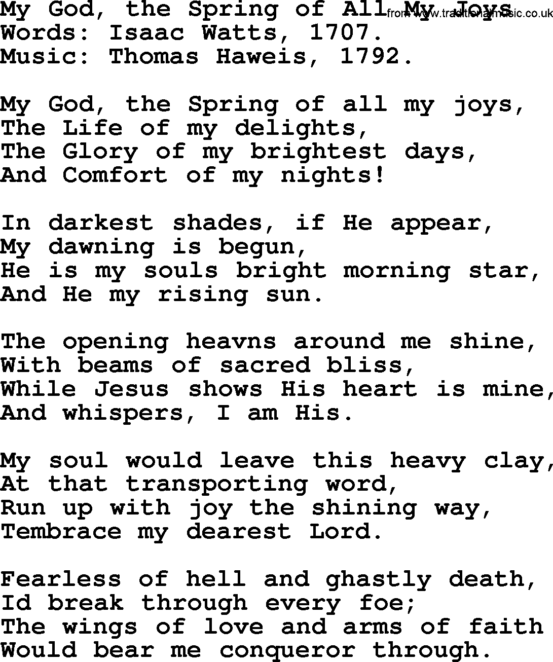 Isaac Watts Christian hymn: My God, the Spring of All My Joys- lyricss