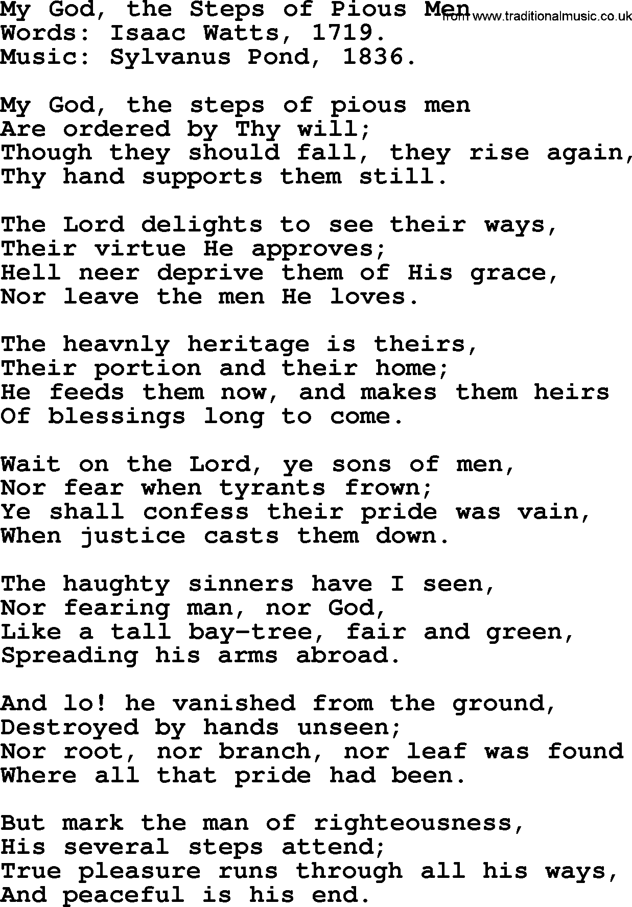 Isaac Watts Christian hymn: My God, the Steps of Pious Men- lyricss