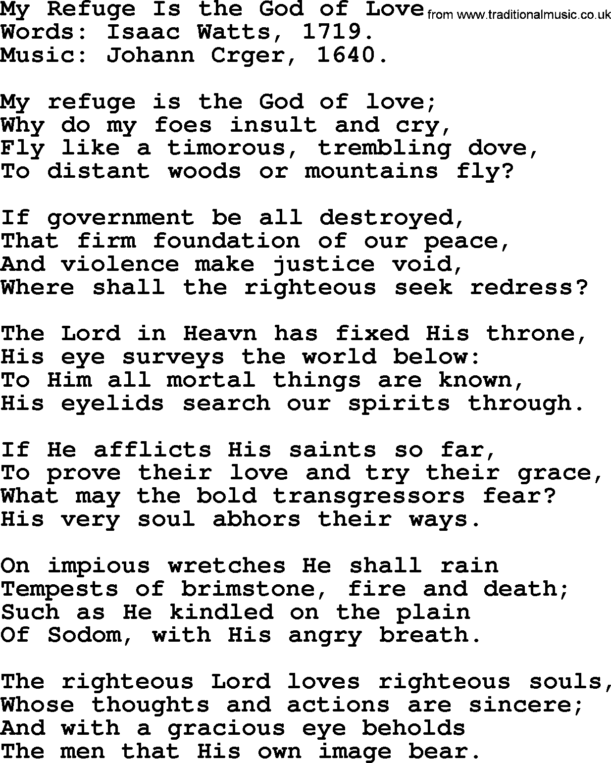 Isaac Watts Christian hymn: My Refuge Is the God of Love- lyricss