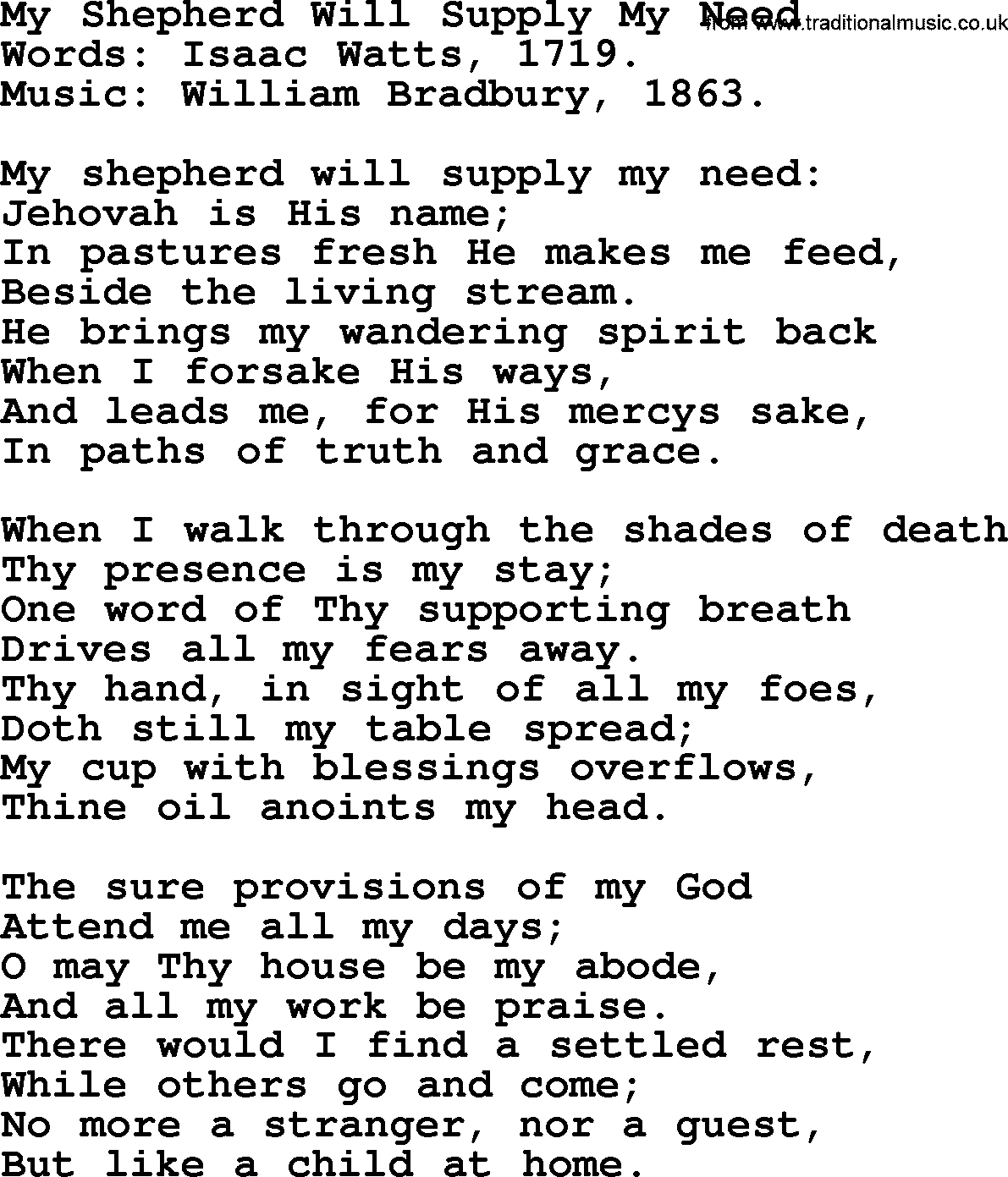 Isaac Watts Christian hymn: My Shepherd Will Supply My Need- lyricss