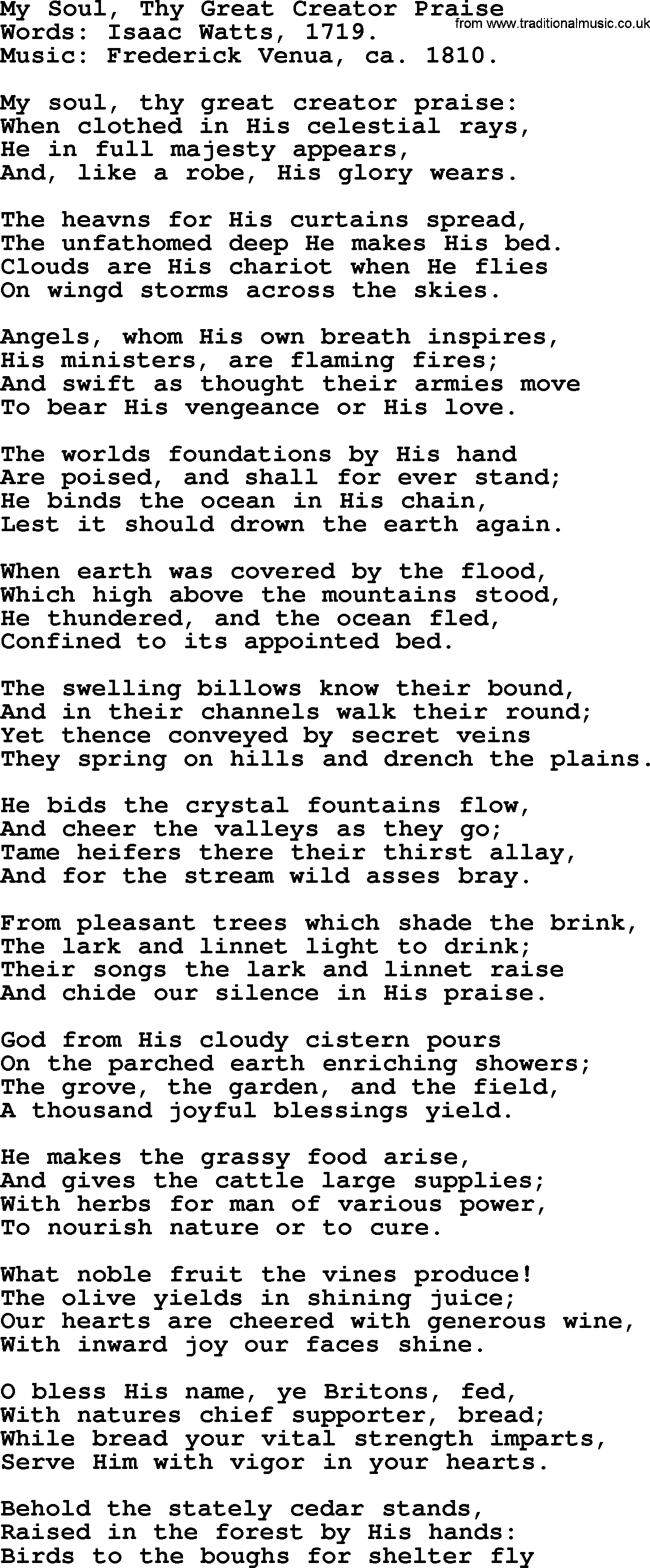 Isaac Watts Christian hymn: My Soul, Thy Great Creator Praise- lyricss