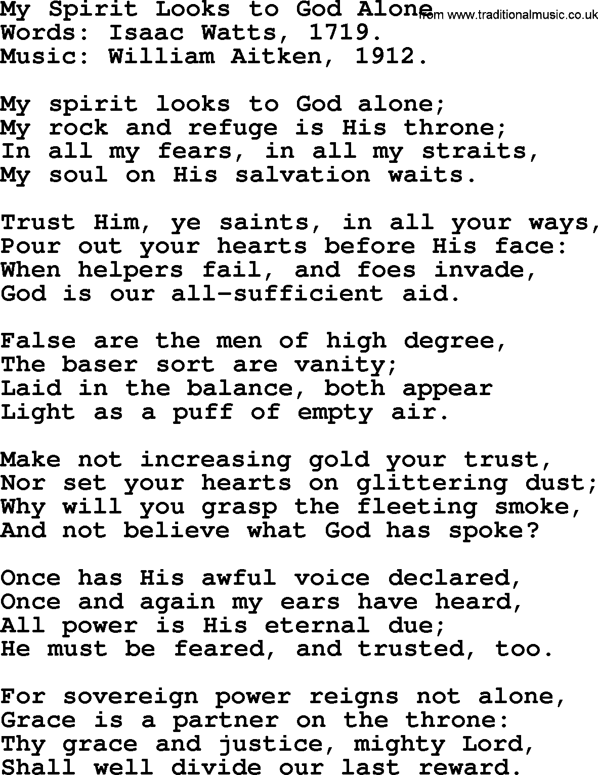 Isaac Watts Christian hymn: My Spirit Looks to God Alone- lyricss