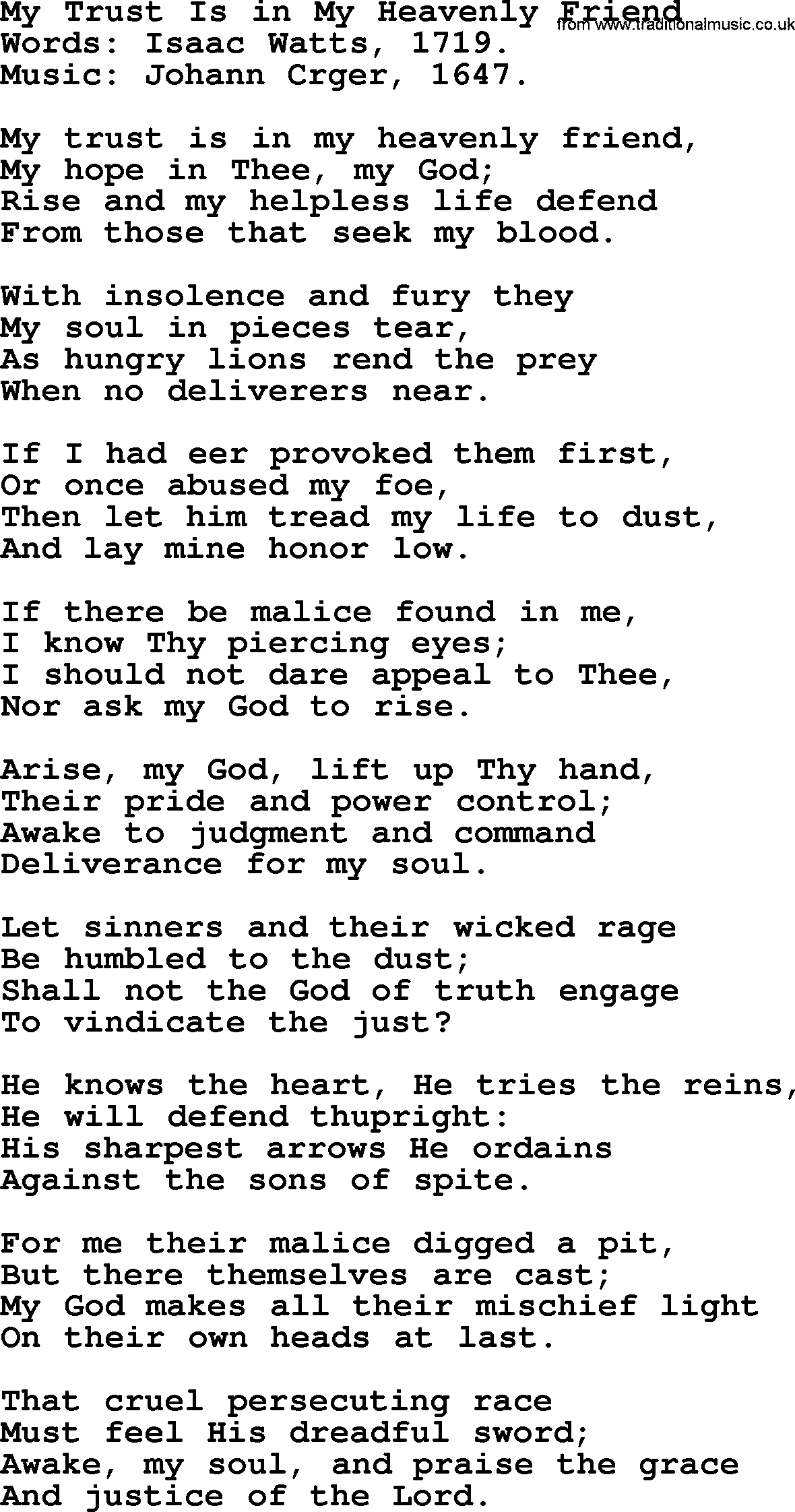 Isaac Watts Christian hymn: My Trust Is in My Heavenly Friend- lyricss