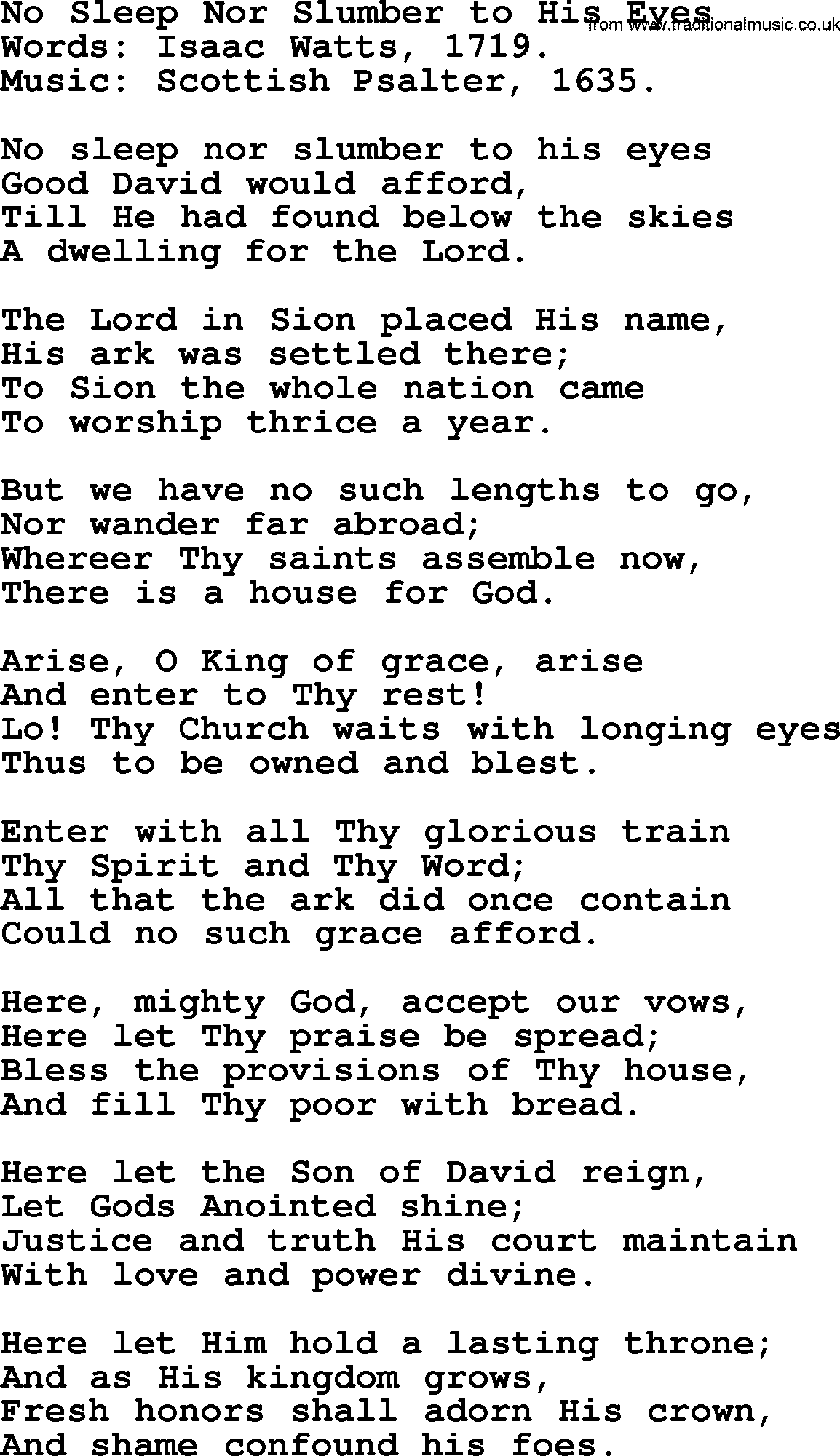 Isaac Watts Christian hymn: No Sleep Nor Slumber to His Eyes- lyricss