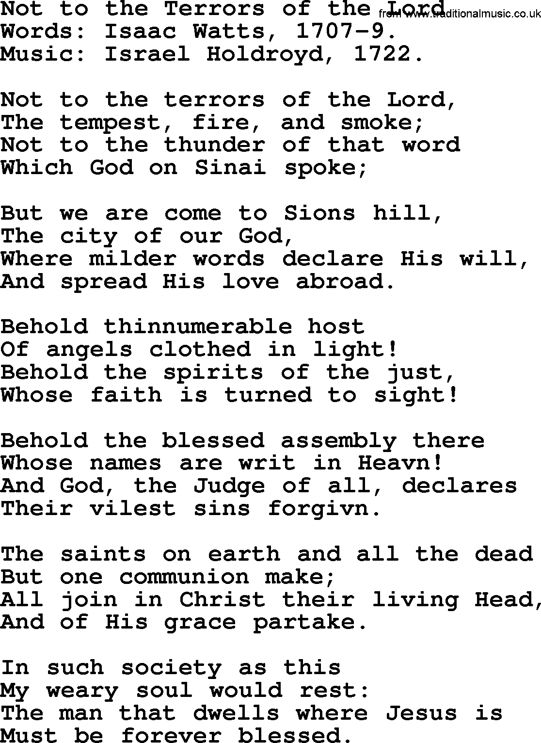 Isaac Watts Christian hymn: Not to the Terrors of the Lord- lyricss
