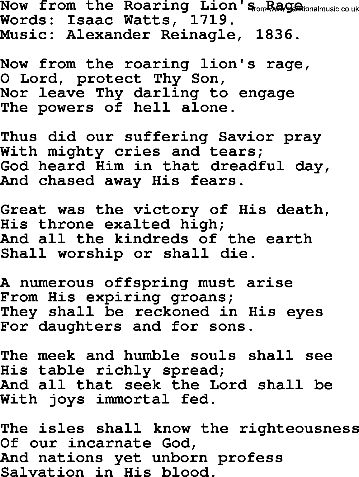 Isaac Watts Christian hymn: Now from the Roaring Lion's Rage- lyricss