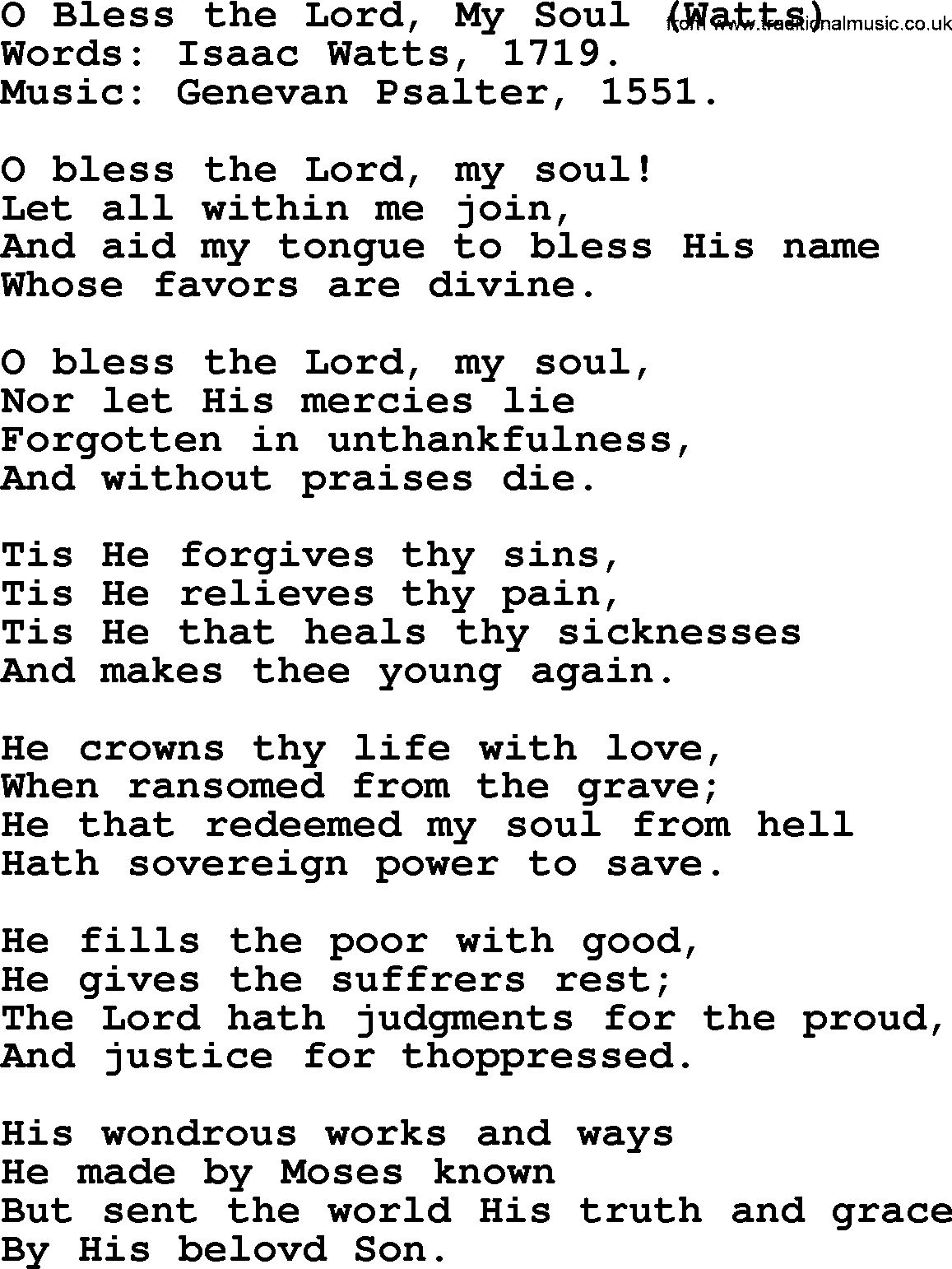 Isaac Watts Christian hymn: O Bless the Lord, My Soul (Watts)- lyricss