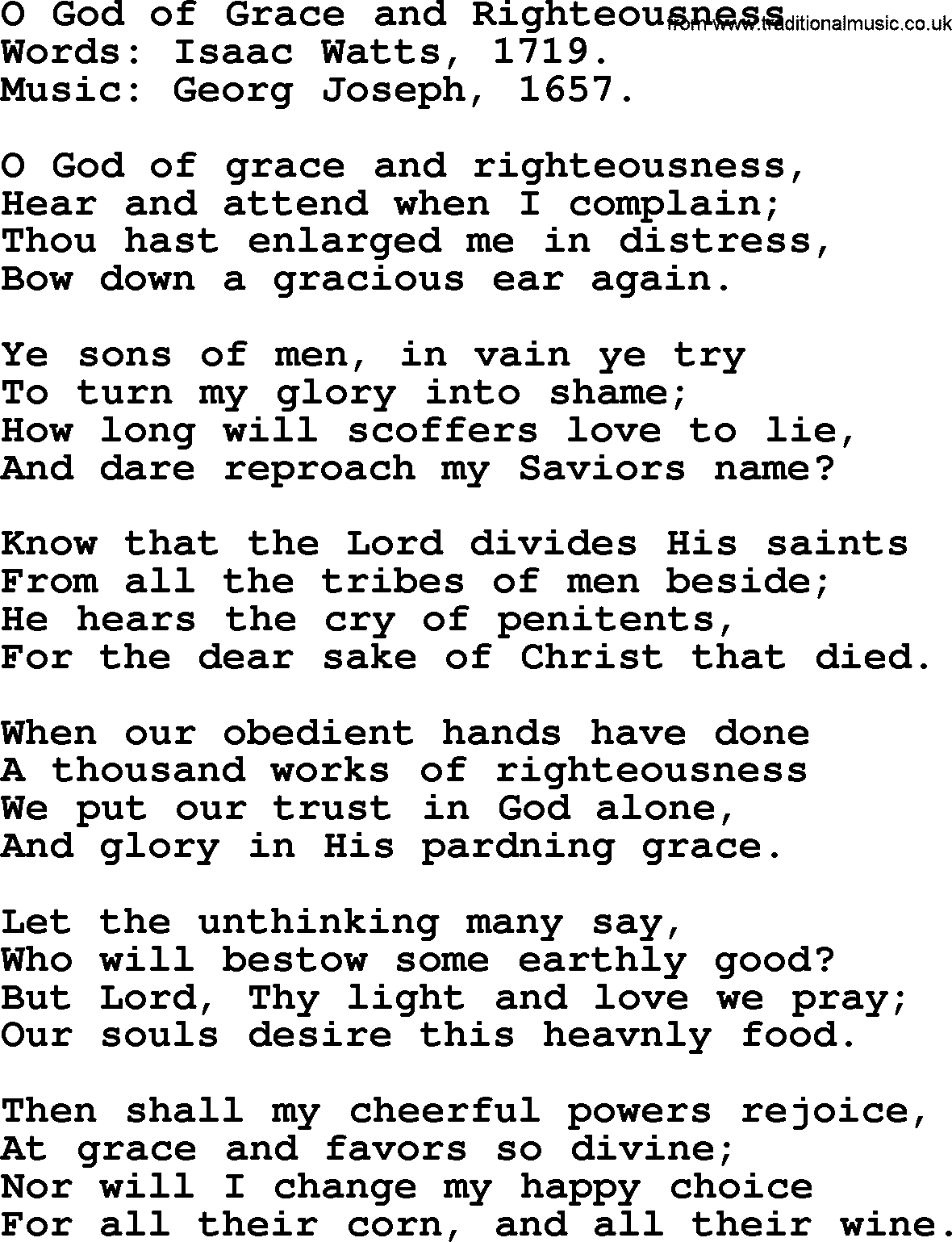 Isaac Watts Christian hymn: O God of Grace and Righteousness- lyricss