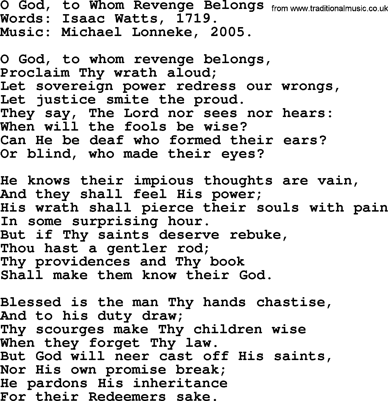 Isaac Watts Christian hymn: O God, to Whom Revenge Belongs- lyricss