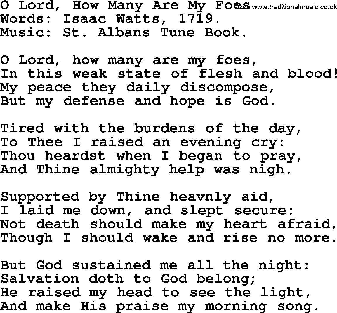 Isaac Watts Christian hymn: O Lord, How Many Are My Foes- lyricss