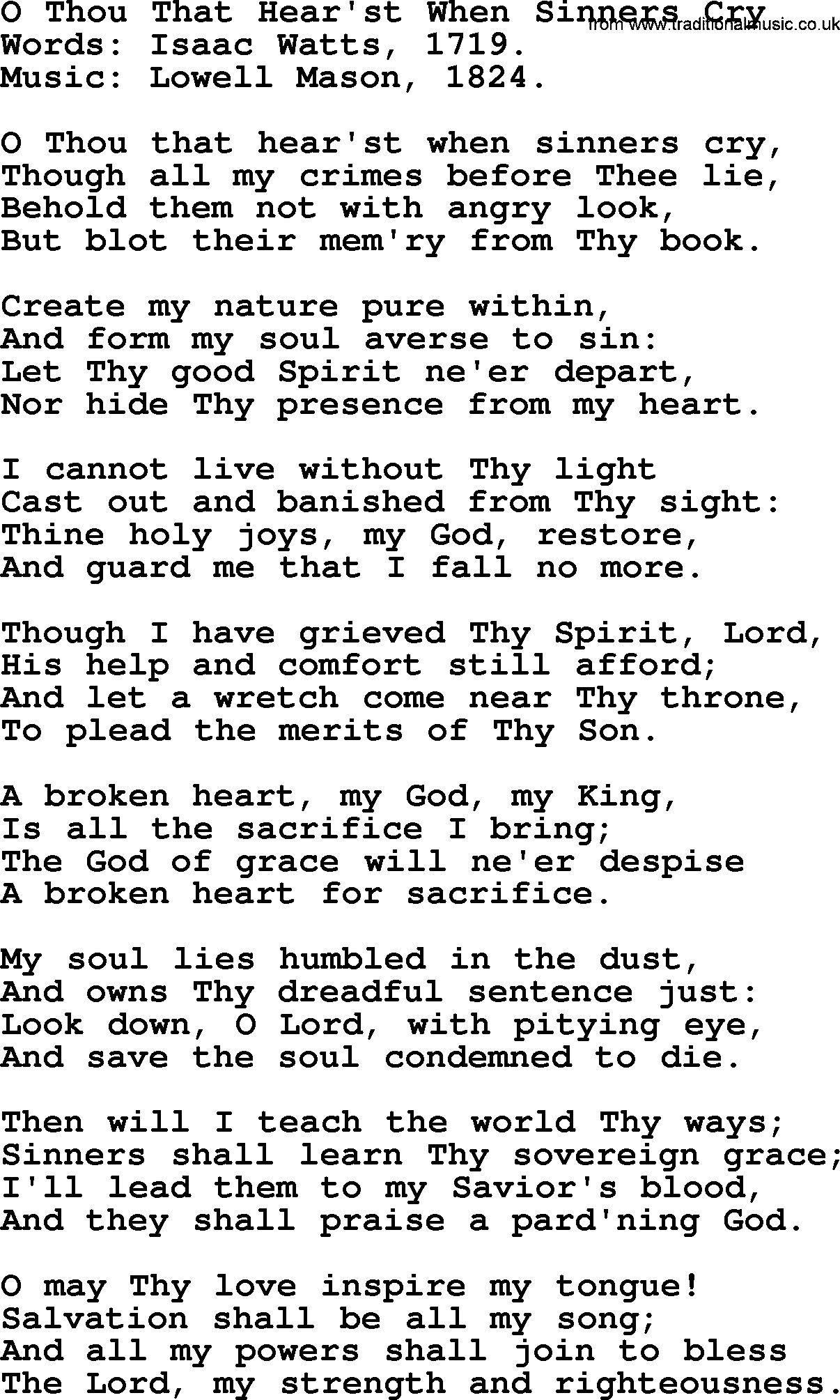 Isaac Watts Christian hymn: O Thou That Hear'st When Sinners Cry- lyricss