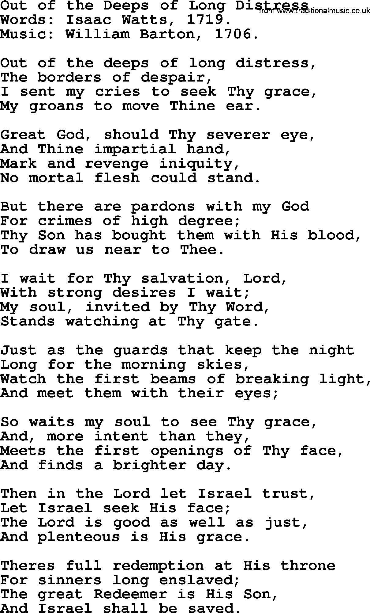 Isaac Watts Christian hymn: Out of the Deeps of Long Distress- lyricss