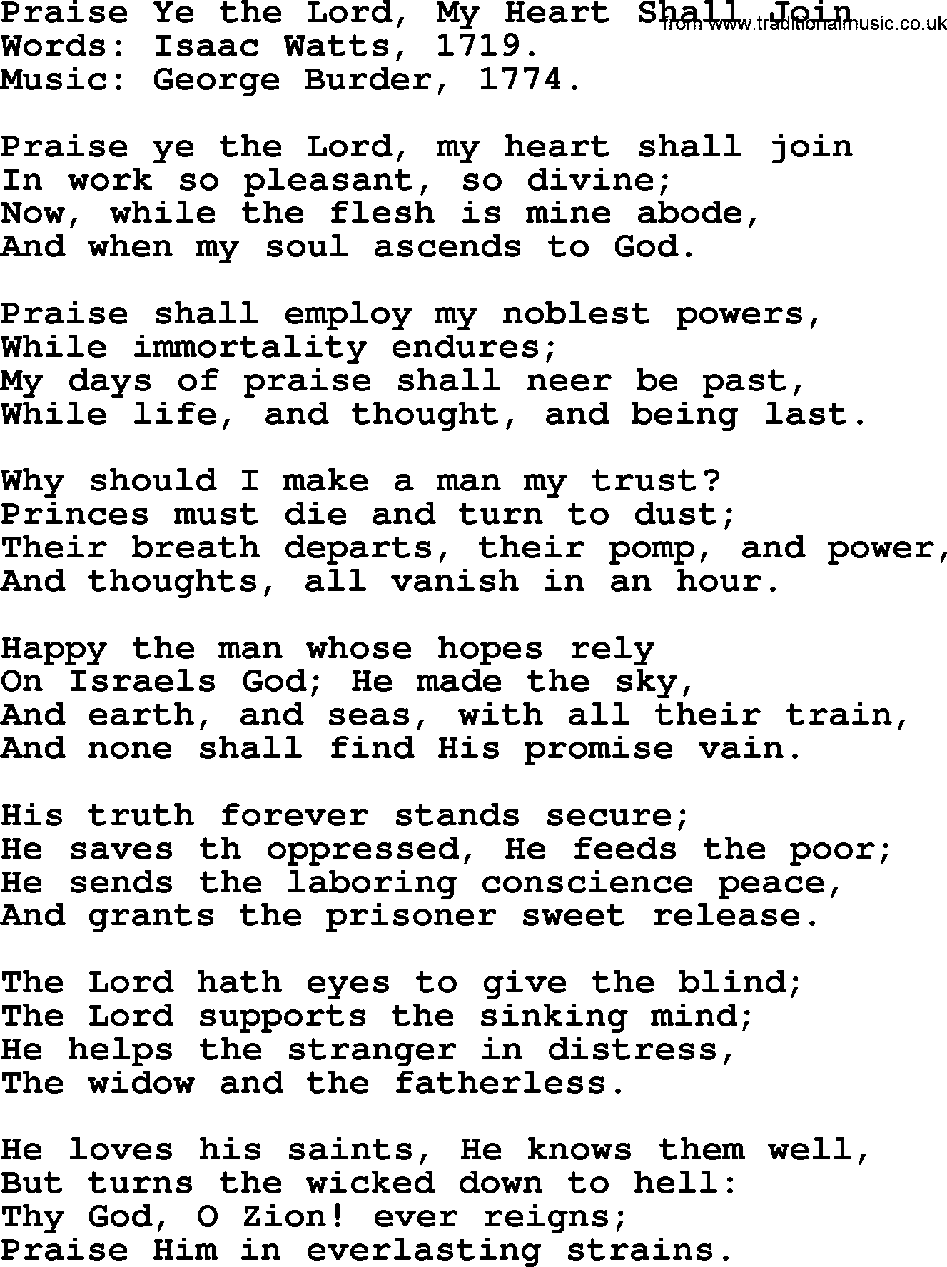 Isaac Watts Christian hymn: Praise Ye the Lord, My Heart Shall Join- lyricss
