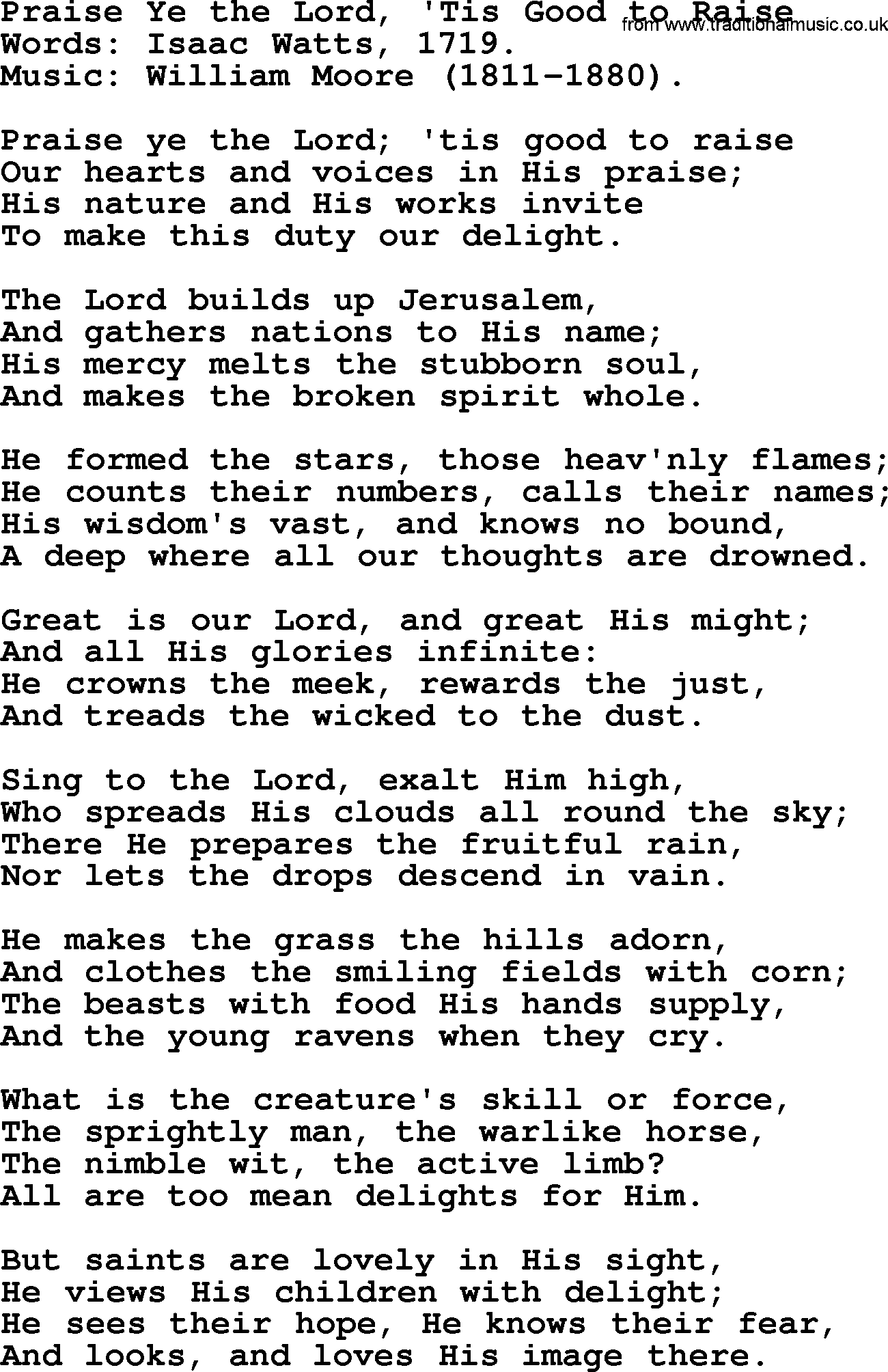Isaac Watts Christian hymn: Praise Ye the Lord, 'Tis Good to Raise- lyricss