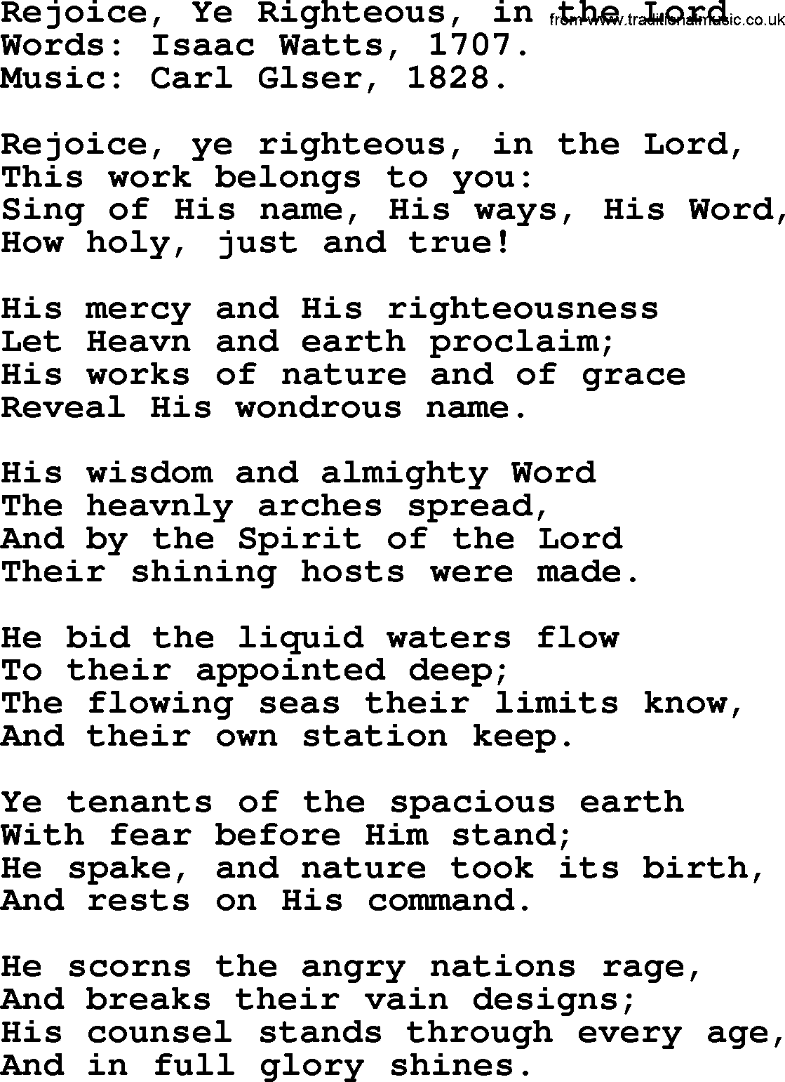 Isaac Watts Christian hymn: Rejoice, Ye Righteous, in the Lord- lyricss
