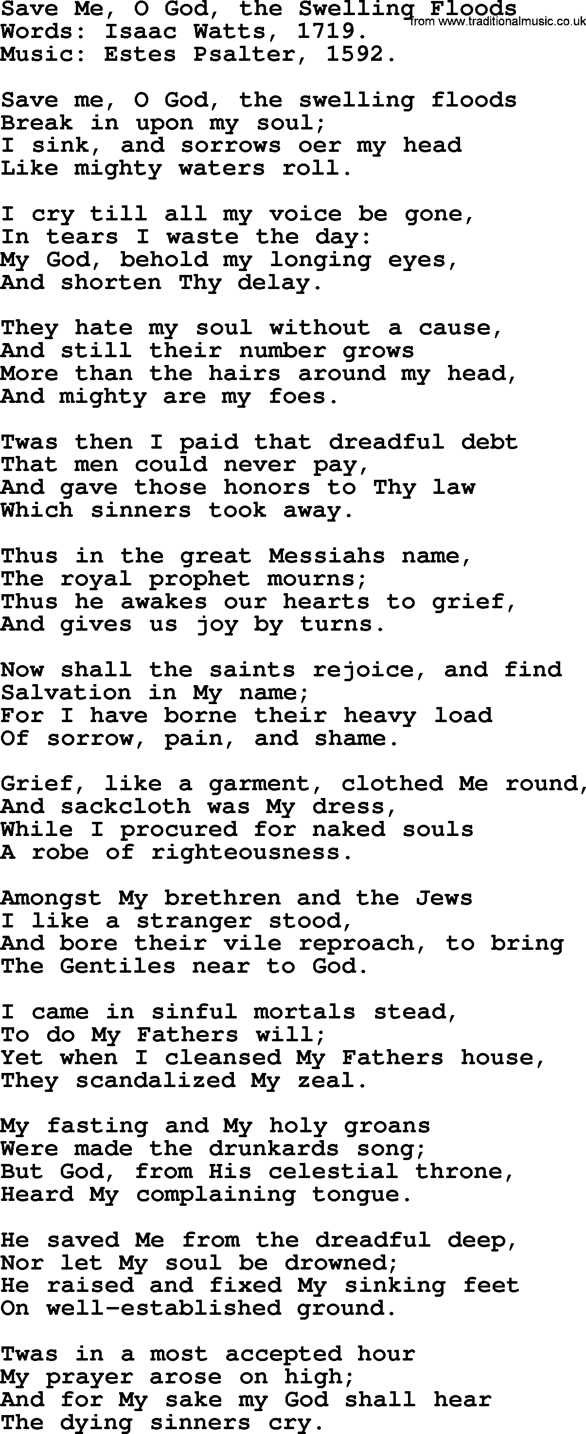 Isaac Watts Christian hymn: Save Me, O God, the Swelling Floods- lyricss