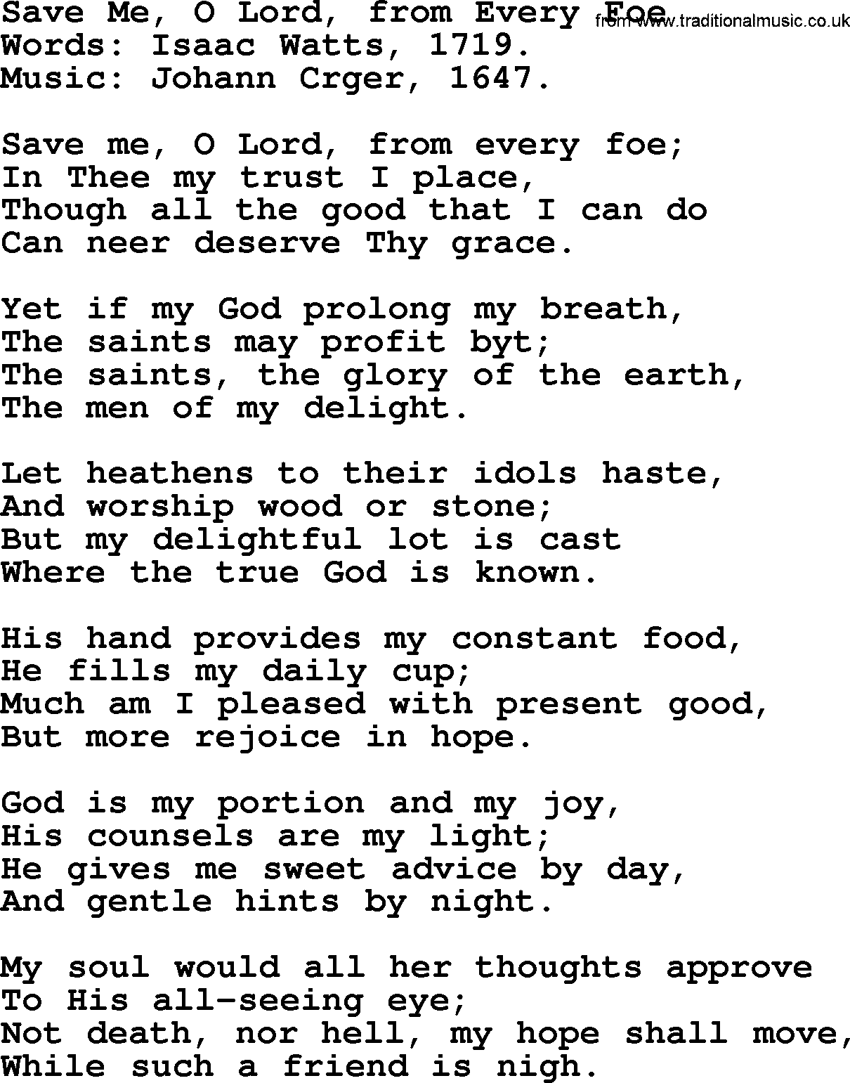 Isaac Watts Christian hymn: Save Me, O Lord, from Every Foe- lyricss