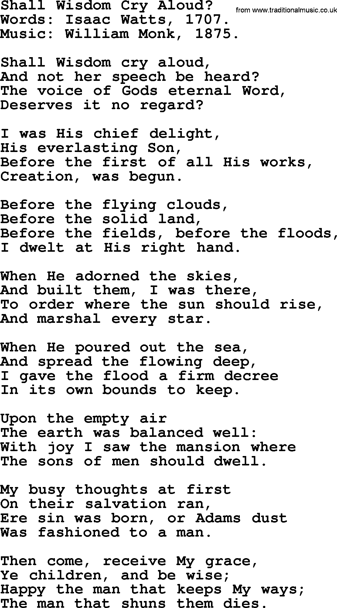 Isaac Watts Christian hymn: Shall Wisdom Cry Aloud_- lyricss