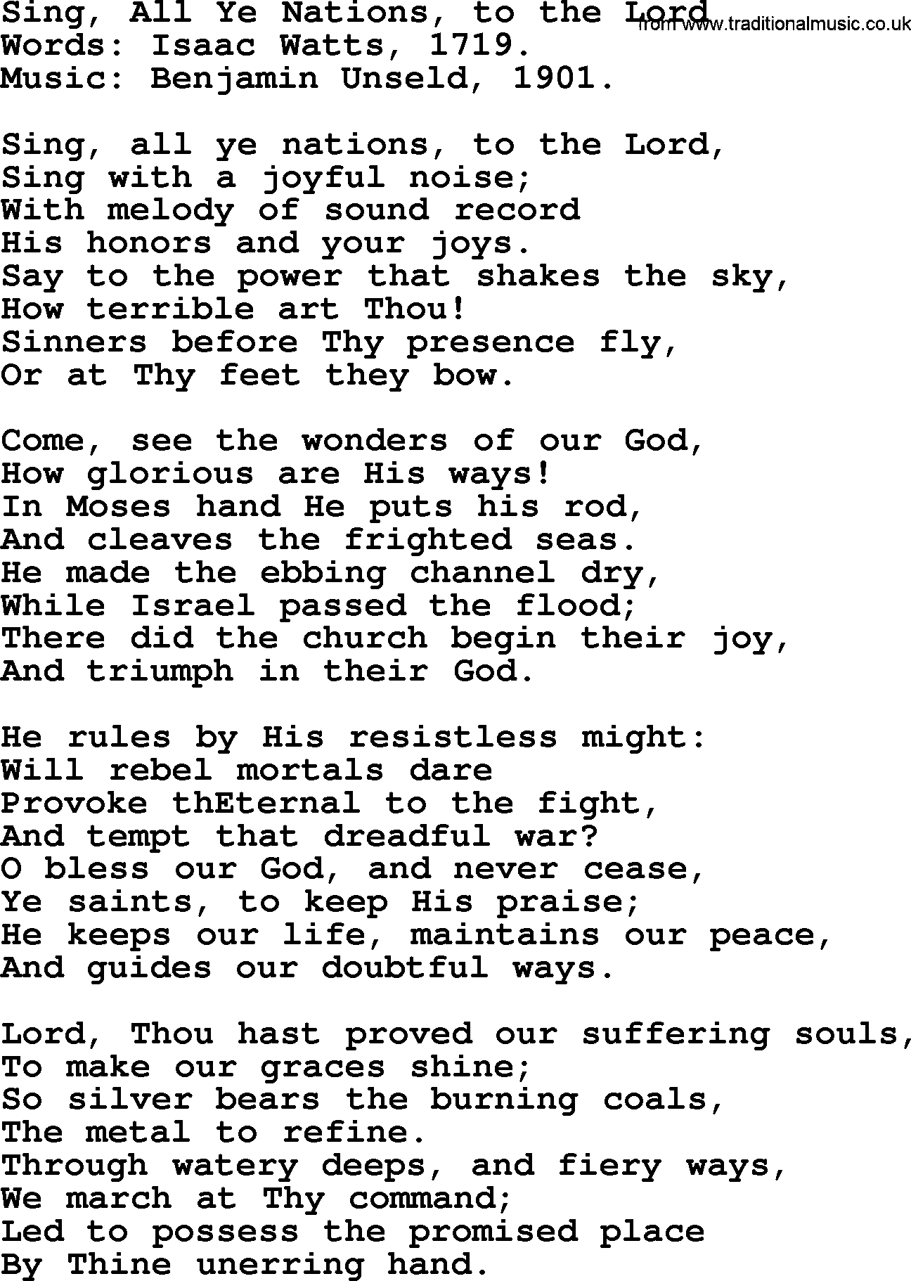 Isaac Watts Christian hymn: Sing, All Ye Nations, to the Lord- lyricss