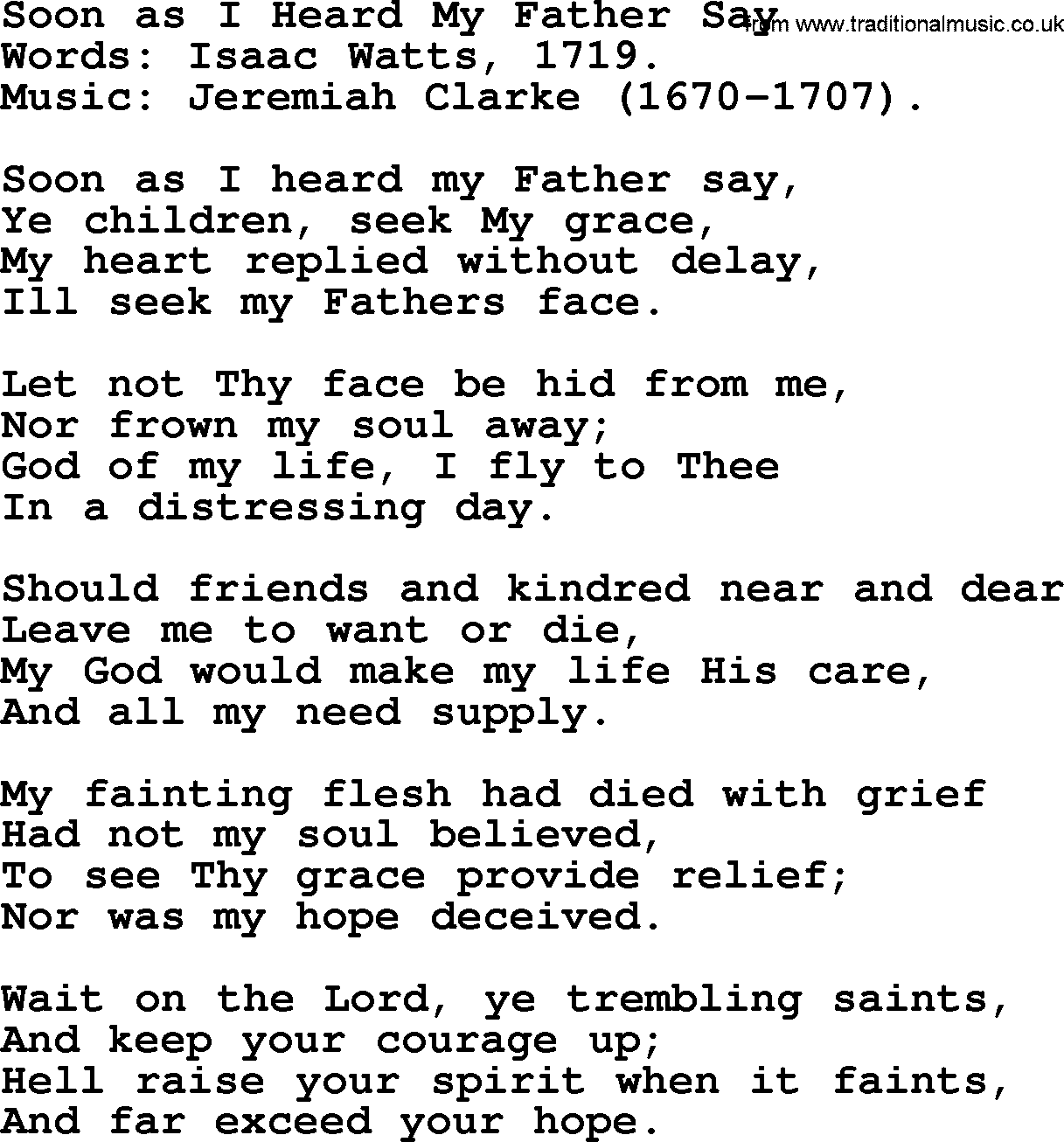 Isaac Watts Christian hymn: Soon as I Heard My Father Say- lyricss