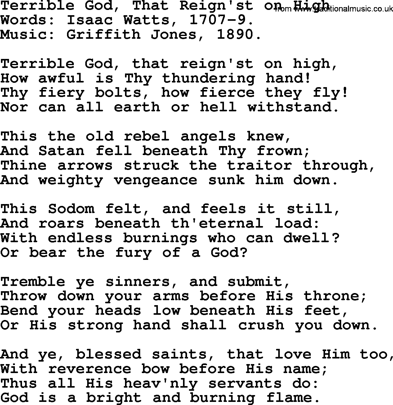 Isaac Watts Christian hymn: Terrible God, That Reign'st on High- lyricss